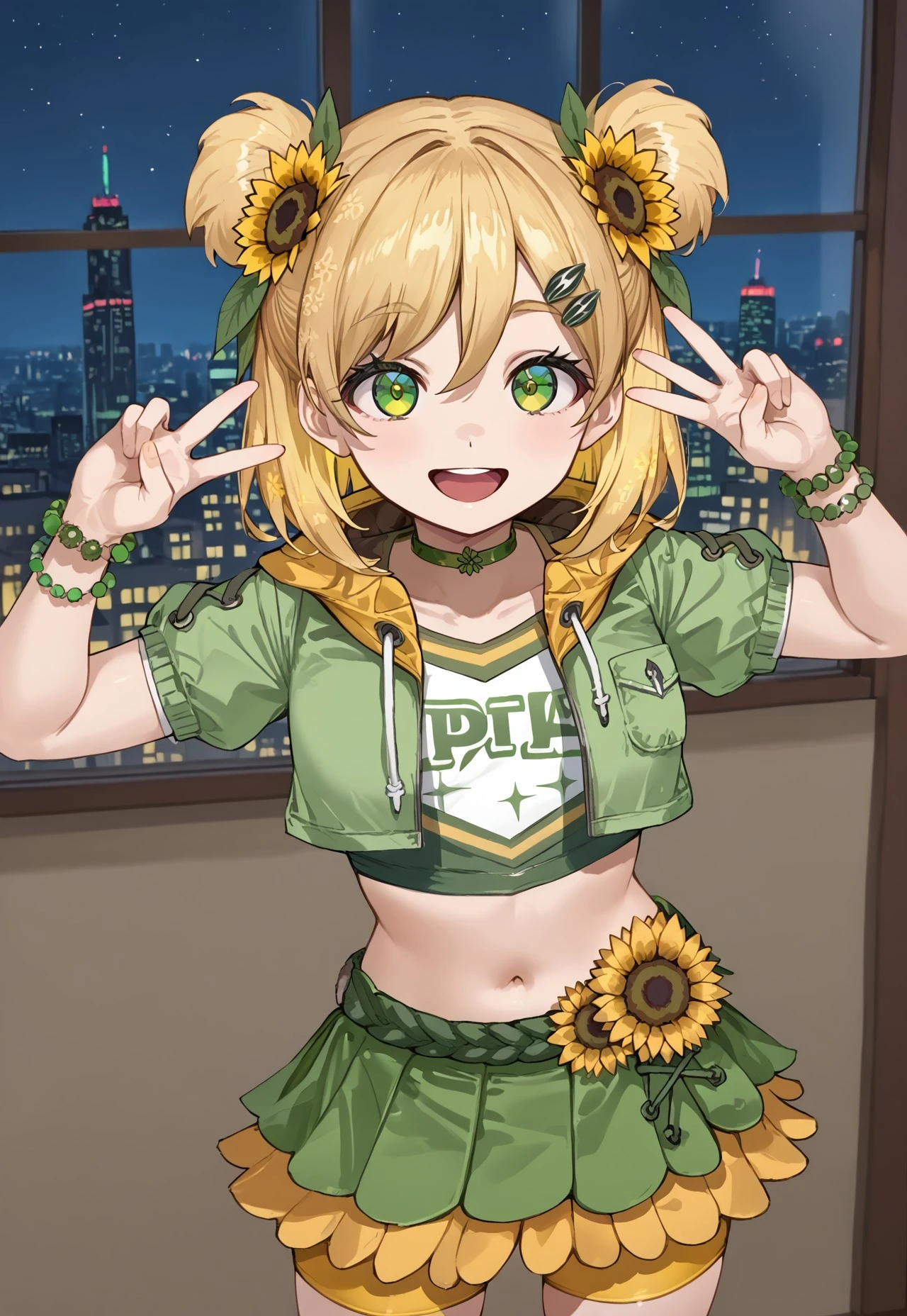 1girl, solo, solo focus, highres, absurdres, HaniHima, sunflower hair ornament, bangs, blonde hair, green eyes, hairclip, hair bun, double bun,
green skirt, green jacket, hooded jacket, midriff, short sleeves, green choker, navel, green shirt, crop top, bracelet, bike shorts under skirt, yellow shorts, open jacket,
looking at viewer, hands up, double v, smile, open mouth,
window, cityscape, neon lights, night, night sky, backlighting,