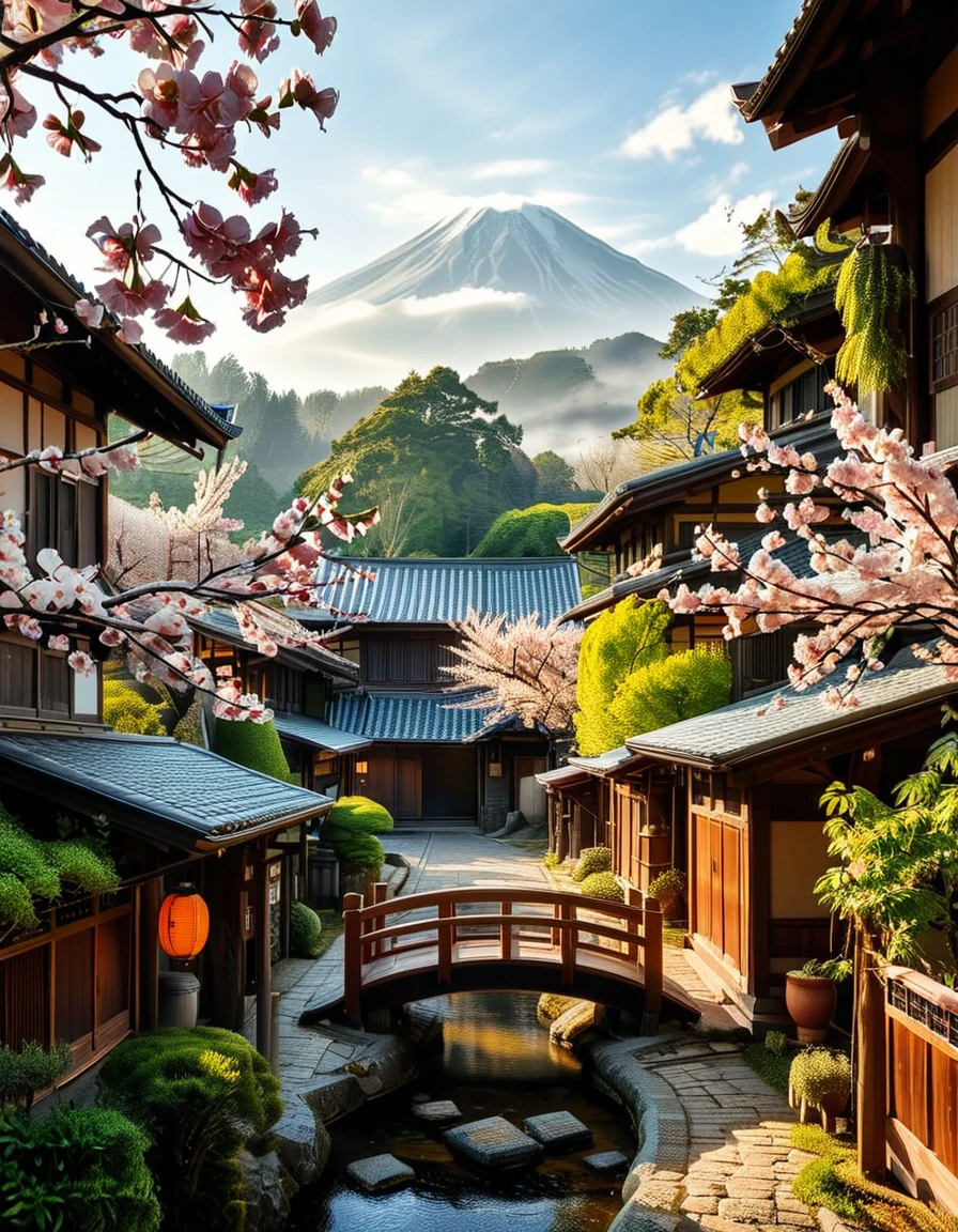A picturesque traditional Japanese village nestled in a serene valley, surrounded by lush green mountains under a soft morning mist. The village consists of wooden houses with thatched roofs (gassho-zukuri style), showcasing intricate wooden details and sliding paper doors. A narrow stone-paved path winds through the village, leading to a small red torii gate at the entrance of a Shinto shrine. Cherry blossoms in full bloom line the streets, their pink petals gently falling in the breeze. A tranquil river flows through the village, crossed by an old wooden bridge with moss-covered stones. Villagers in traditional kimonos and straw hats go about their daily livesâan elderly man sweeping his porch, a woman carrying a basket of fresh produce, and children playing near a koi pond. The atmosphere is peaceful and nostalgic, with warm sunlight filtering through the trees, casting dappled shadows on the ground. The scene is rich in traditional Japanese aesthetics, evoking a sense of harmony and timeless beauty.
<lora:SDXLFaeTastic2400:0.4> <lora:extremely_detailed:0.4> extremely detailed,<lora:traditional_Japanese_v1ll4g3:1>,traditional Japanese v1ll4g3, Masterpiece,best quality,hi res,8k,hi res,8k,award winning,(sharp focus, intricate, highly detailed),