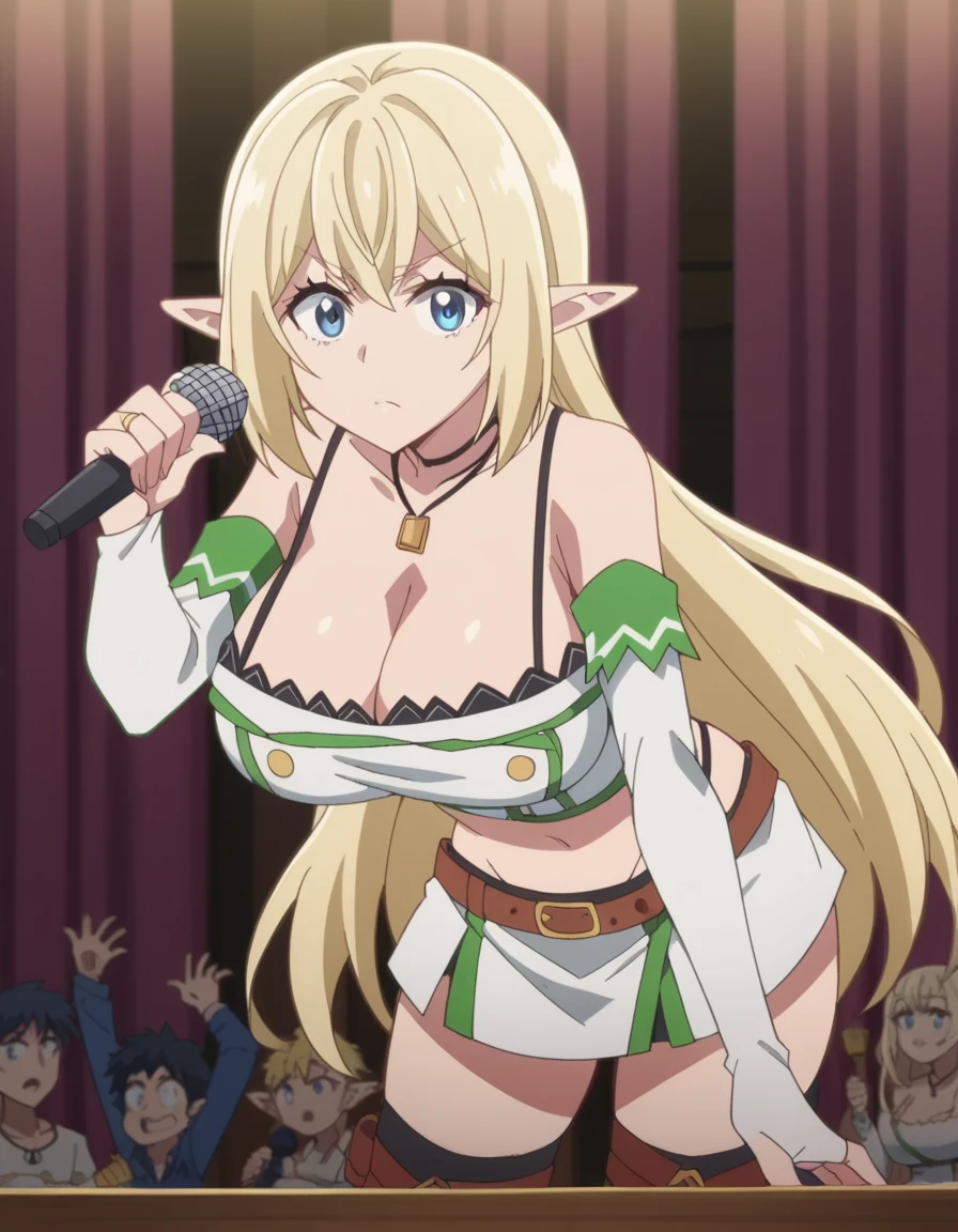 score_9, score_8_up, score_7_up, source_anime, <lora:srank-aria-anime-ponyxl-lora-nochekaiser:1>, srank aria, long hair, blue eyes, blonde hair, large breasts, pointy ears, elf, anime screencap,, skirt, thighhighs, navel, cleavage, midriff, spaghetti strap, necklace, elbow gloves, belt, miniskirt,, stage, curtains, spotlight, audience, microphone, , leaning forward,, looking at viewer, solo,, cowboy shot, solo