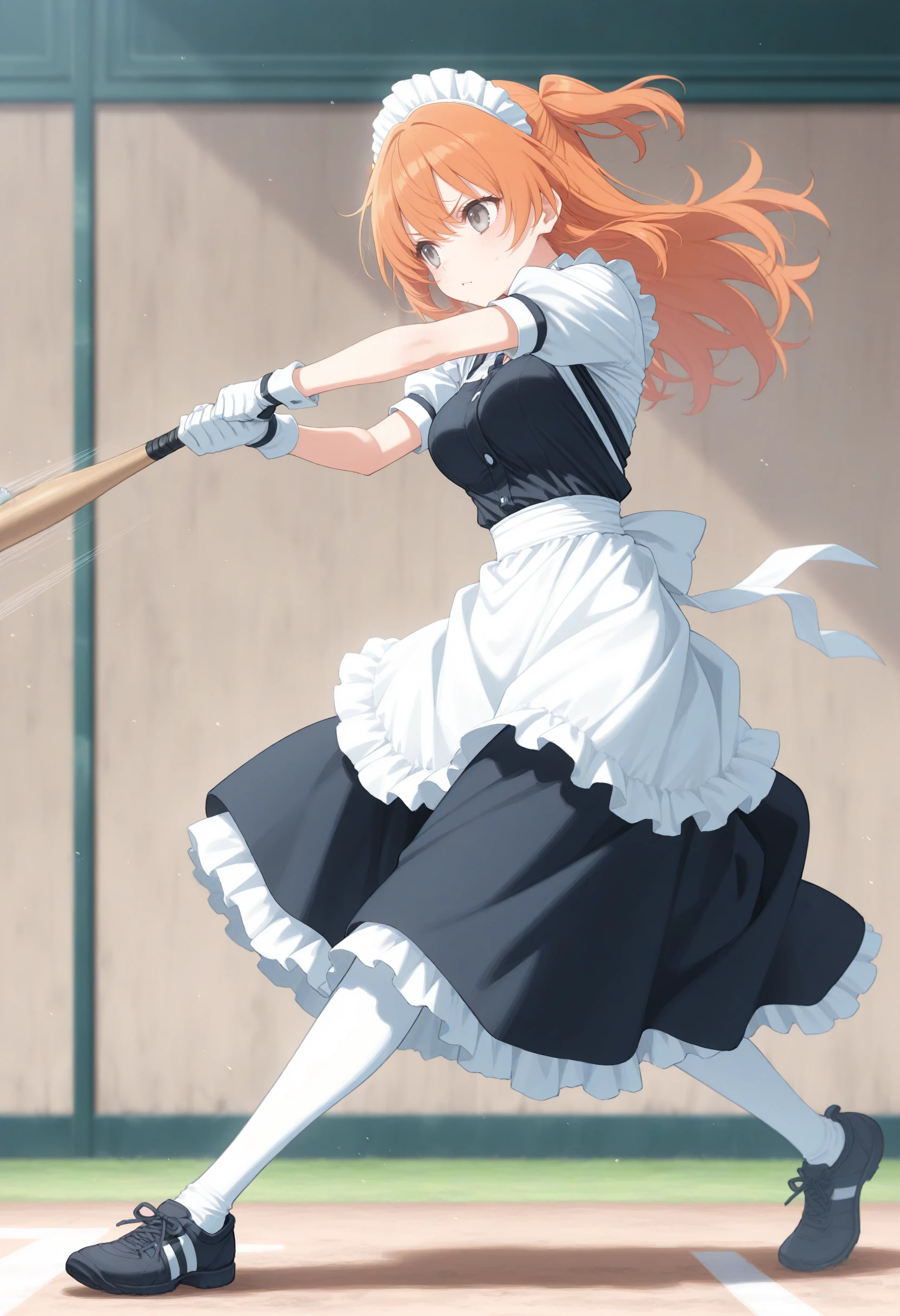 1girl,(sho \(sho lwlw\):0.7),(toosaka asagi:0.5),(sincos:0.3),solo,
masterpiece, best quality, newest, absurdres, CG, anime, source anime, illustration,
maid, maid headdress,medium breasts,
batting stance, baseball bat, baseball, holding baseball bat, motion lines, motion blur, <lora:battingstance_Illust_v2:0.8>, determined,
from side, full body, looking to the side, orange hair, gray eyes,closed mouth, two side up hair,,