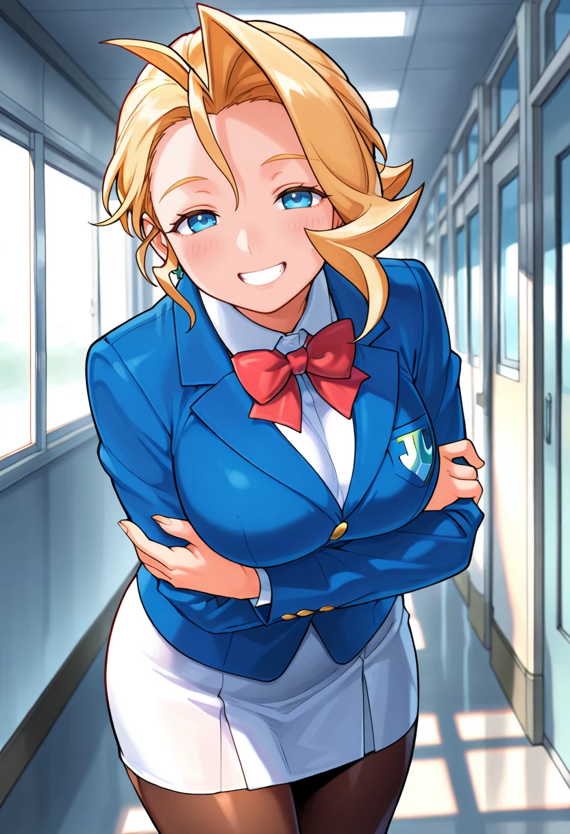 masterpiece, best quality, 1girl, solo, <lora:ill_tiffany_2:1>, justice_tiffany, cowboy shot, school uniform, blue blazer, red bowtie, long sleeves, white skirt, tight skirt, brown pantyhose, , blonde hair, ahoge, short hair, blue eyes, narrow eyes, looking at viewer, grin, open mouth, crossed arms, college, corridor