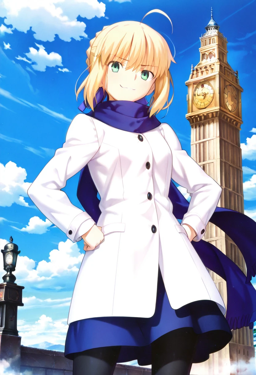 masterpiece, best quality, absurdres, detailed skin, detailed face, detailed eyes, anime colored, anime screencap, anime colored,
<lora:Artoria_Pendragon:0.8>, artoria pendragon, 1 girl, solo, green eyes, hair bun, scarf, coat, skirt, black pantyhose, hands on own hip, looking at viewer, smug,
big ben, blue sky,