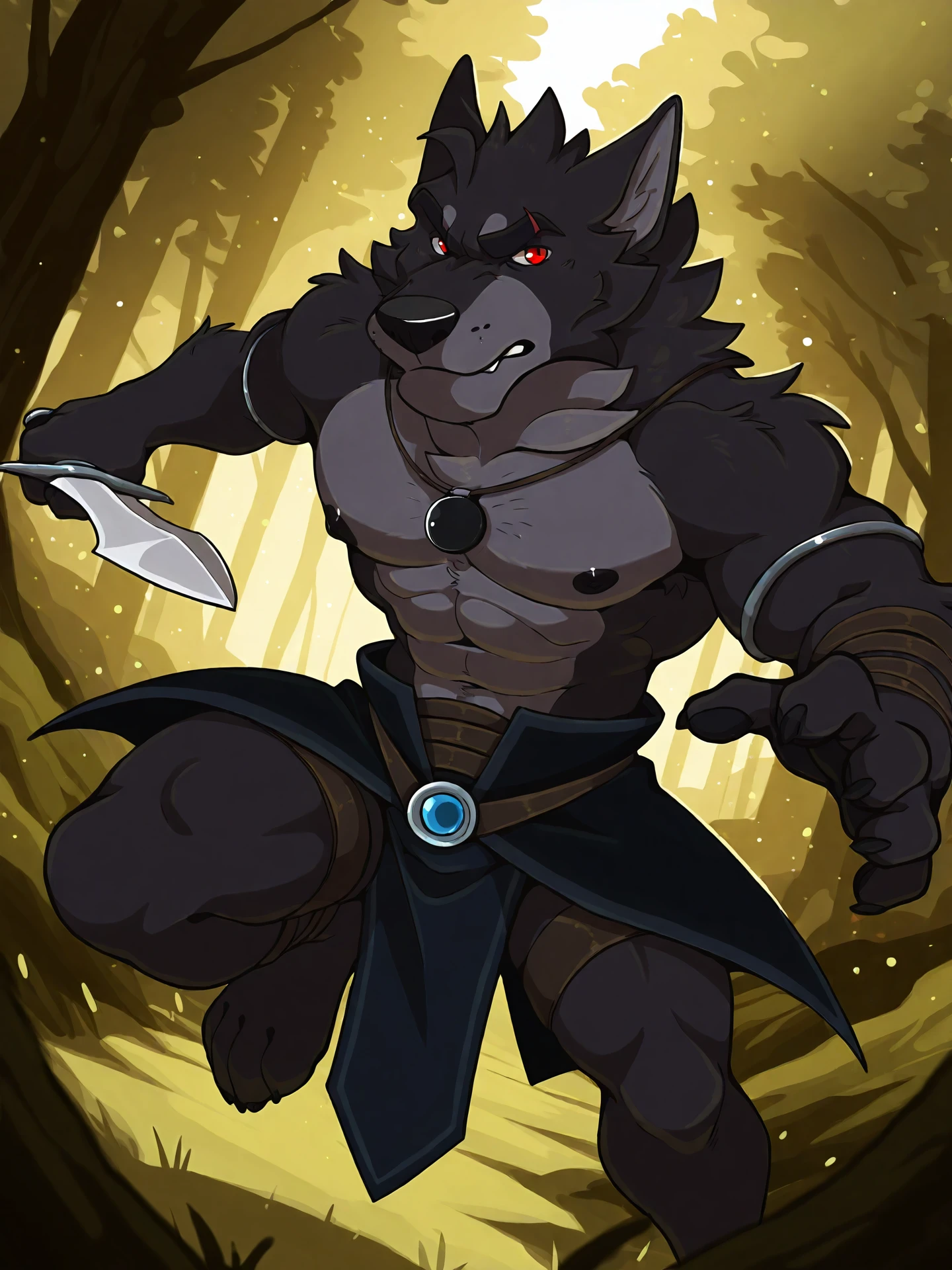 <lora:VulgorIL:1>, vulgor, male, solo, jewelry, red eyes, nipples, looking at viewer, annoyed, canon bottomwear, topless, belt, bottomwear, action pose, dynamic angle, dagger, forest,
BREAK masterpiece, best quality, amazing quality, very aesthetic,highres, absurdres, detailed background, detailed eyes, beautiful, particles,