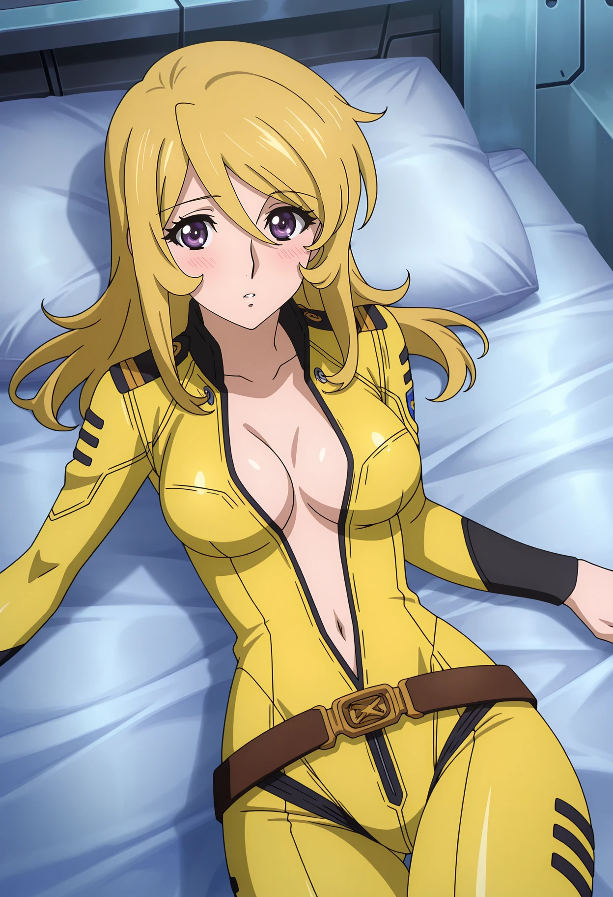 anime screencap, masterpiece, best quality,
<lora:SpaceBattleshipYamato2199_MoriYuki_IlluXL:0.9>,
1girl, solo, parted lips, blush,
long hair, blonde hair, hair between eyes, purple eyes,
YukiBodysuit, military uniform, yellow bodysuit, brown belt,
partially unzipped, cleavage, navel, medium breasts,
lying, looking at viewer,
indoors, science fiction, on bed