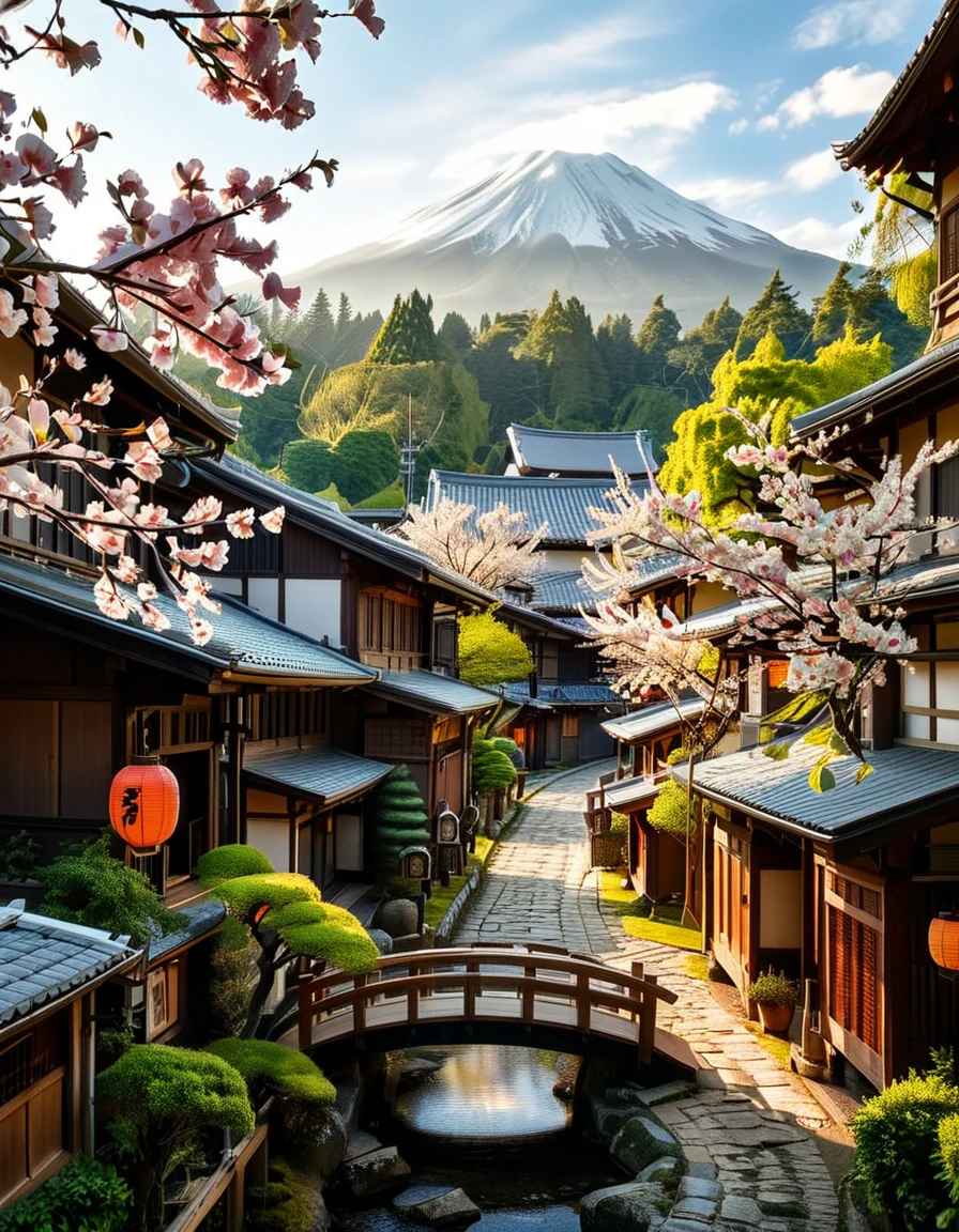 A picturesque traditional Japanese village nestled in a serene valley, surrounded by lush green mountains under a soft morning mist. The village consists of wooden houses with thatched roofs (gassho-zukuri style), showcasing intricate wooden details and sliding paper doors. A narrow stone-paved path winds through the village, leading to a small red torii gate at the entrance of a Shinto shrine. Cherry blossoms in full bloom line the streets, their pink petals gently falling in the breeze. A tranquil river flows through the village, crossed by an old wooden bridge with moss-covered stones. Villagers in traditional kimonos and straw hats go about their daily livesâan elderly man sweeping his porch, a woman carrying a basket of fresh produce, and children playing near a koi pond. The atmosphere is peaceful and nostalgic, with warm sunlight filtering through the trees, casting dappled shadows on the ground. The scene is rich in traditional Japanese aesthetics, evoking a sense of harmony and timeless beauty.
<lora:SDXLFaeTastic2400:0.4> <lora:extremely_detailed:0.4> extremely detailed,<lora:traditional_Japanese_v1ll4g3:1>,traditional Japanese v1ll4g3, Masterpiece,best quality,hi res,8k,hi res,8k,award winning,(sharp focus, intricate, highly detailed),