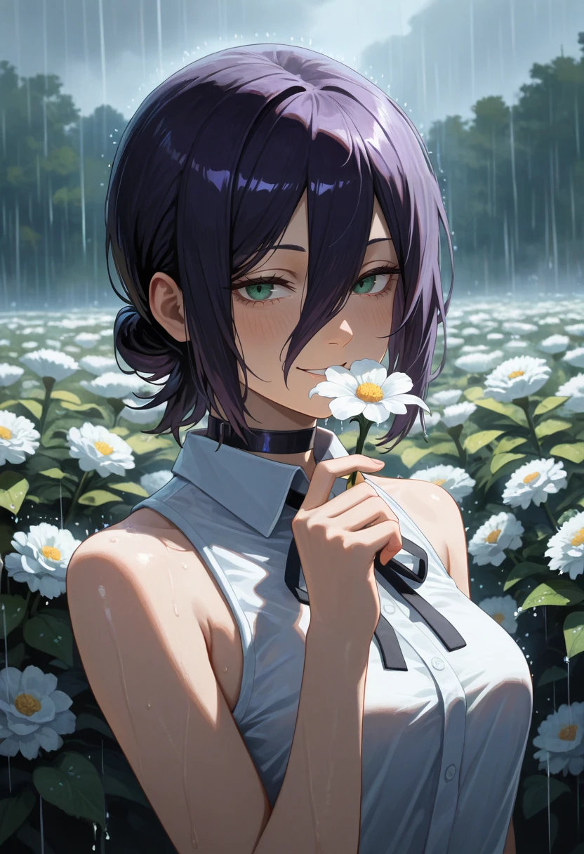 (attentive:1.2),masterpiece,best quality,amazing quality,very aesthetic,absurdres,highres,newest,<lora:dark:0.6>, painterly, impressionism, reze \(chainsaw man\), flower, holding, upper body, looking at viewer, white flower, holding flower, hand up, rain, blurry, smiling