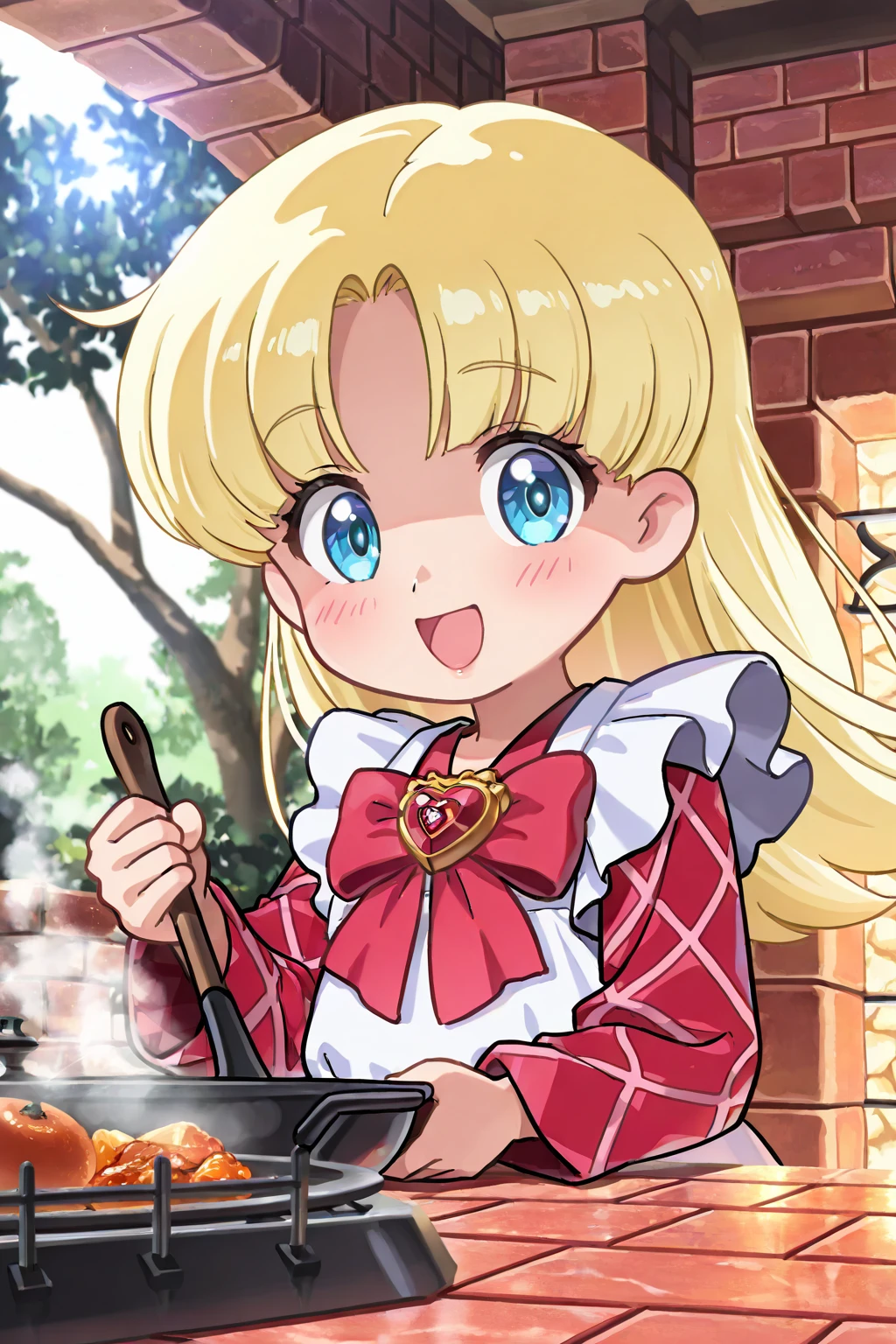 (Masterpiece, Best Quality:1.3), absurdres, official style, fantasy art, best illustration, outline, (thick lineart:1.4), (chibi:1.3), blush, (dynamic pose, dynamic angle:1.1), , nadja, (ultra-detailed portrait), (8k resolution), upper body, 1girl, (solo), (looking at viewer), blonde hair, lips, :d, (parted bangs:1.2), (Detailed eyes, blue eyes:1.2), (perfect face, focus face), smile, frilled dress, red bow, white apron, argyle, heart brooch, holding, bow, jewelry, standing, (depth of field), sharp focus, (red argyle sleeves:1.3), perfect composition, dappled sunlight, tree, shaded face, fantasy setting, fairytale, cooking, food, steam, wood stove, brick chimney, german aesthetic, various colors, (details:1.2), colorful, shadow, scenery, graphite \(medium\), intricate, caustics, wide shot, extremely detailed background, 16k, BREAK, atmosphere, high resolution, newest, scenery, volumetric lighting, (blonde hair,blue eyes,nadja:1.4), orange and white theme, gondola in background