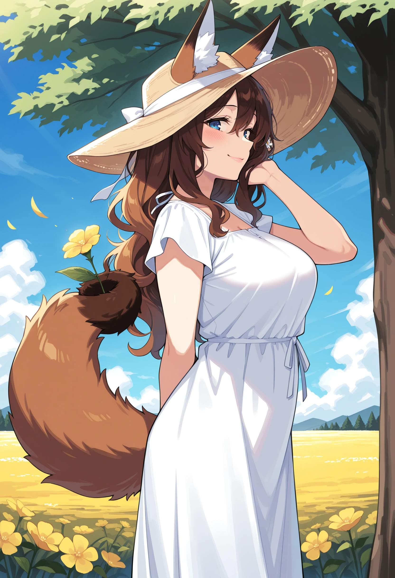 masterpiece,best quality,amazing quality, 1girl,brown fox girl, hair between eyes,blue eyes, mature female,brown fox ears,ears through headwear, brown fox tail, brown hair,long hair, medium breasts,wavy hair,prehensile tail, holding with tail, tail gripping flowers, sundress, smile, blush, sideways glance, lips,hand in own hair, happy, outdoors, fields, tree, flowers, hand behind back, short sleeves, fluffy tail, from side
<lora:Holding with tail (Illustrious) v1:1>