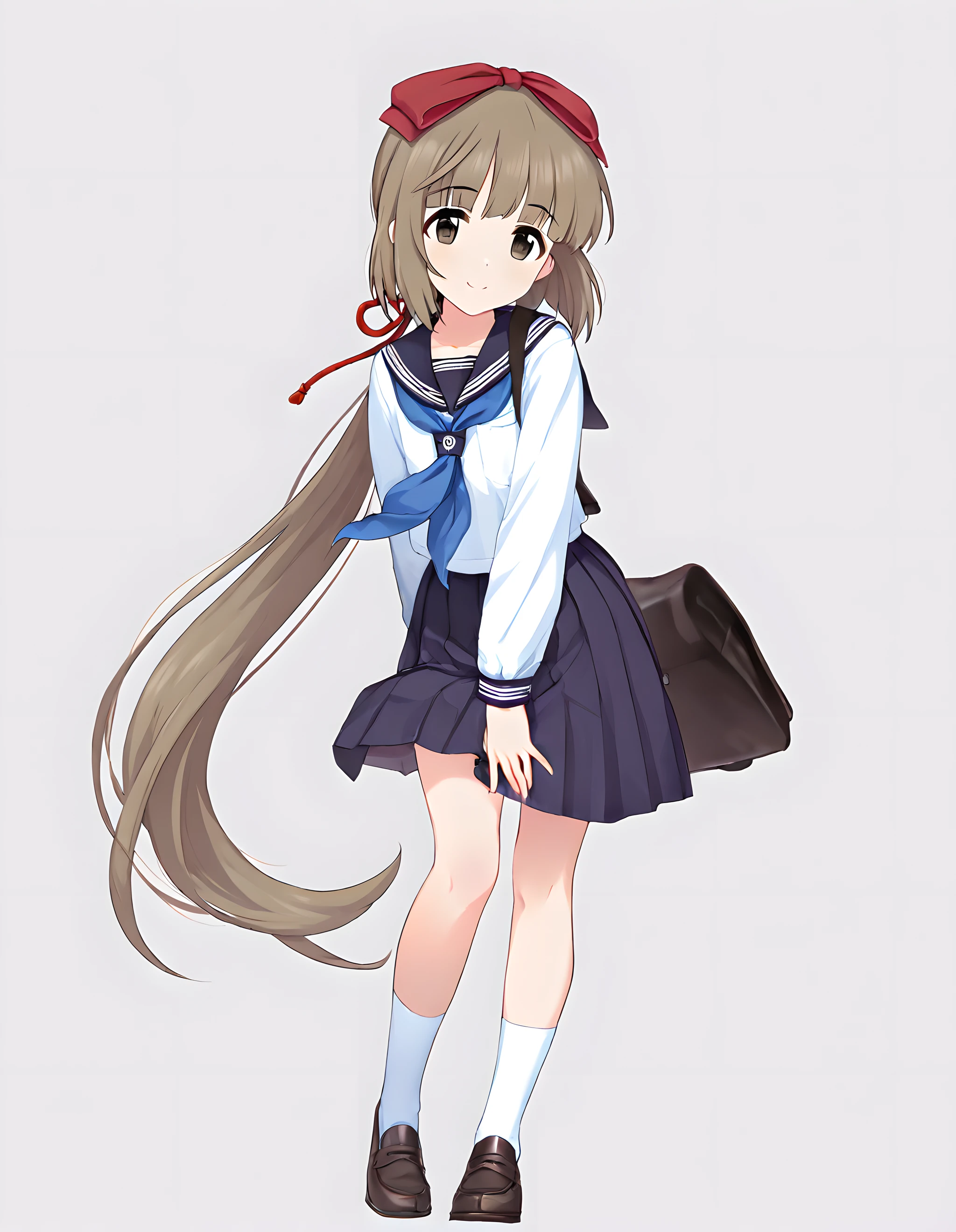 highest quality, (masterpiece:1.2), High resolution, perfect pixel, One long and so beautiful straight haired , 16 years old, (((big very detailed beautiful dark brown eyes))), ((navy blue sailor suit)), ((Sailor suit with navy blue top and bottom)), ((very lovely & large & wide ribbon barrette)), ((((very beautiful long straight straight hair)))), ((Blue ribbon on the chest)), (((face up))), ((He is seen singing the song a cappella while laughing at the audience.)), Very fun, Very happy, mouth is open, the long skirt is so cute, detailed fingers, modest chest, ((curled bangs)), ((Lip balm)), so beautiful, long eyelashes, ((セーラー服 is photo realistic)), (((Touching your hair with your hands))), ((Showing viewers the beauty of straight hair)), ((very big girly hair ribbons)), ((Impressive and very beautiful eyes)), (((Full body photo))), double eyelids, puffed sleeves