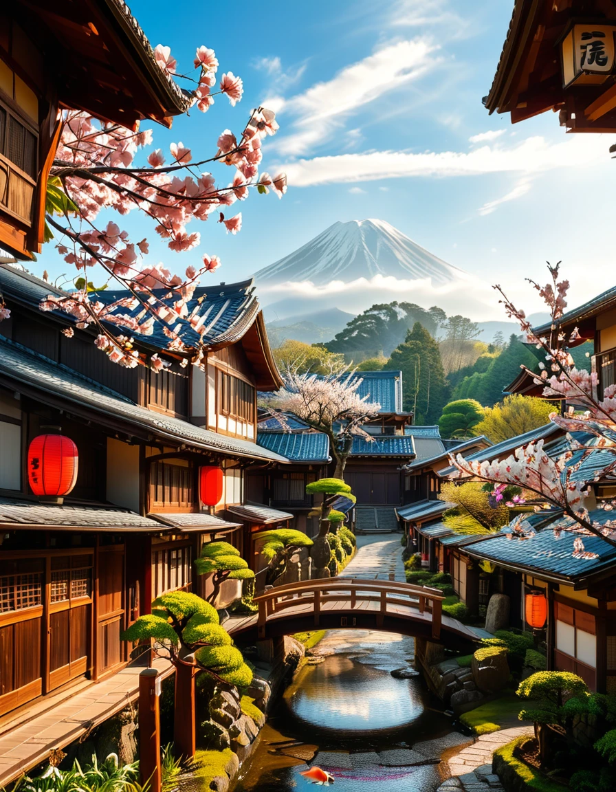 A picturesque traditional Japanese village nestled in a serene valley, surrounded by lush green mountains under a soft morning mist. The village consists of wooden houses with thatched roofs (gassho-zukuri style), showcasing intricate wooden details and sliding paper doors. A narrow stone-paved path winds through the village, leading to a small red torii gate at the entrance of a Shinto shrine. Cherry blossoms in full bloom line the streets, their pink petals gently falling in the breeze. A tranquil river flows through the village, crossed by an old wooden bridge with moss-covered stones. Villagers in traditional kimonos and straw hats go about their daily livesâan elderly man sweeping his porch, a woman carrying a basket of fresh produce, and children playing near a koi pond. The atmosphere is peaceful and nostalgic, with warm sunlight filtering through the trees, casting dappled shadows on the ground. The scene is rich in traditional Japanese aesthetics, evoking a sense of harmony and timeless beauty.
<lora:SDXLFaeTastic2400:0.4> <lora:extremely_detailed:0.4> extremely detailed,<lora:traditional_Japanese_v1ll4g3:1>,traditional Japanese v1ll4g3, Masterpiece,best quality,hi res,8k,hi res,8k,award winning,(sharp focus, intricate, highly detailed),