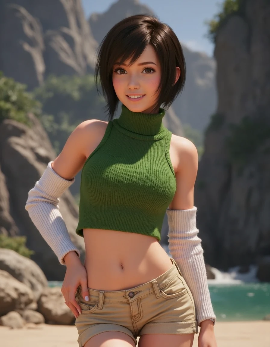 a beautiful female <lora:yuffie:1>, wearing a sleeveless green top with a turtleneck collar, tanned shorts, white knee high socks, hair in a short bob, playful pose, smiling, unreal 5, close up, background inspired by the worlds of the final fantasy videogames