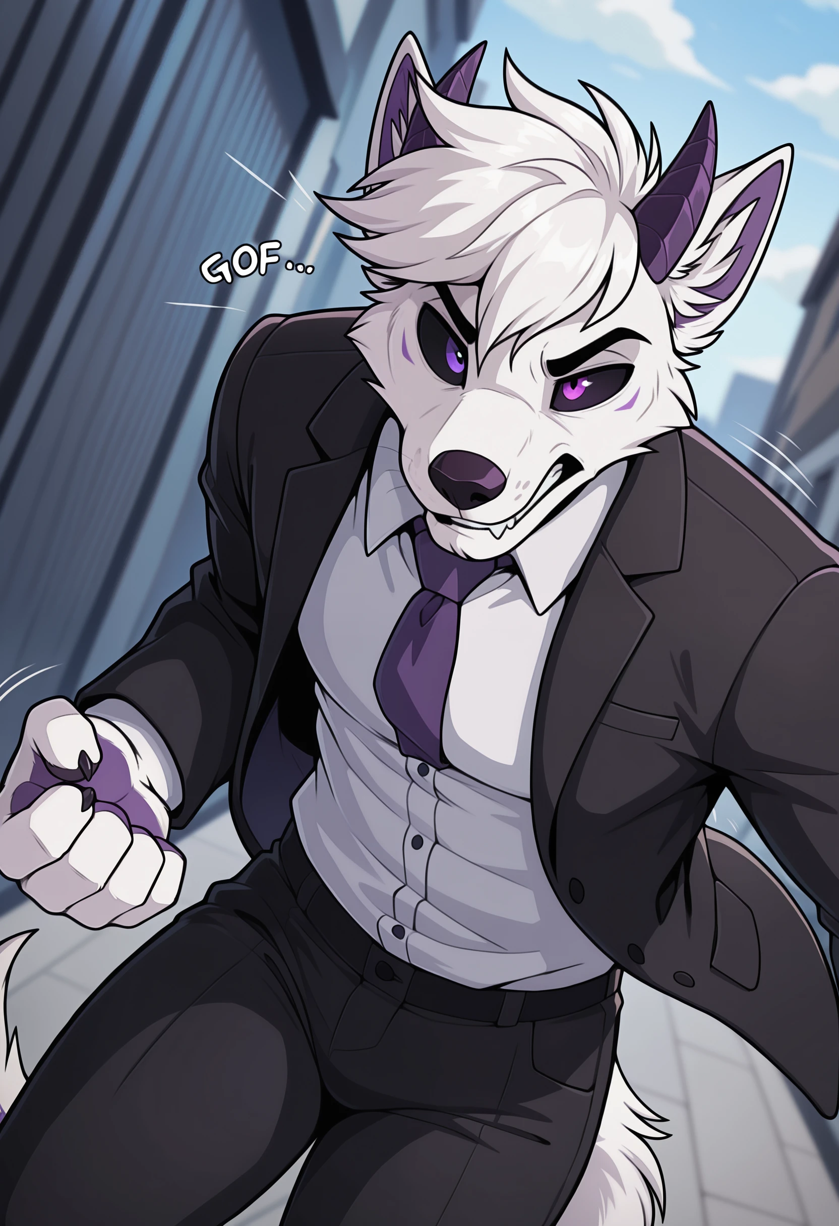 depth of field, blurry background, eye reflections, reflections, dutch angle, anthro, adult, furry, no humans, tail, sound effect, close up, sound effect, motion lines, by ango76, <lora:Ango76_Artist_Style_Illustrious:1.0>, masterpiece, best quality, amazing quality, very aesthetic, absurdres, newest, anthro, mammal, 1boy, clothing, solo, furry, furry male, male focus, purple eyes, horns, fur, action pose, claws, horn, shirt, animal ears, hi res, topwear, inner ear fluff, colored sclera, clothed, necktie, male, bottomwear, pants, white body, white fur, hair, white hair, suit, white shirt, clenched teeth, teeth, incoming attack, black pants, heterochromia, black sclera, collared shirt, jacket