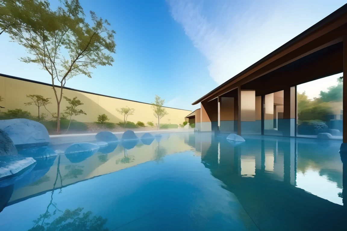 <lora:JJsOnsen:1> , ((onsen)),,ultra realistic, masterpiece, best quality,, scenery, water, tree, no humans, , east asian architecture,outdoors, day, rock, sky, nature, reflection, center composition . steam,cloud,