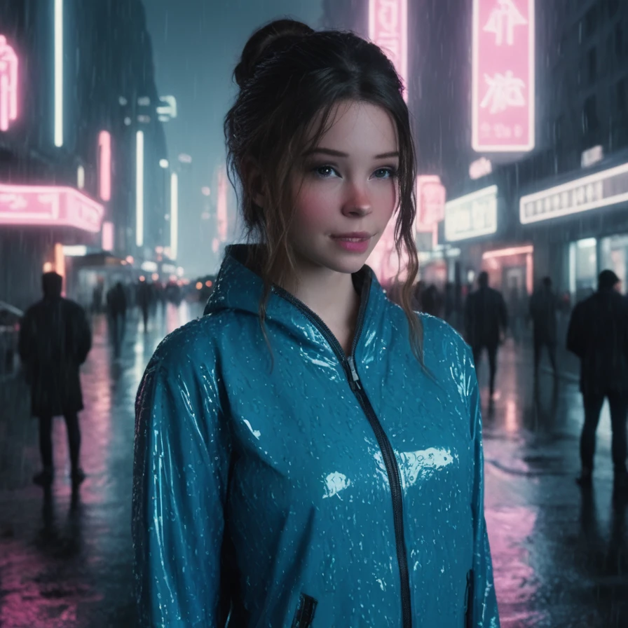 belledlphn, a futuristic princess, standing in a rainy city at night, ultra-detailed, 8k, cinematic atmosphere<lora:BelleDelphine:1>