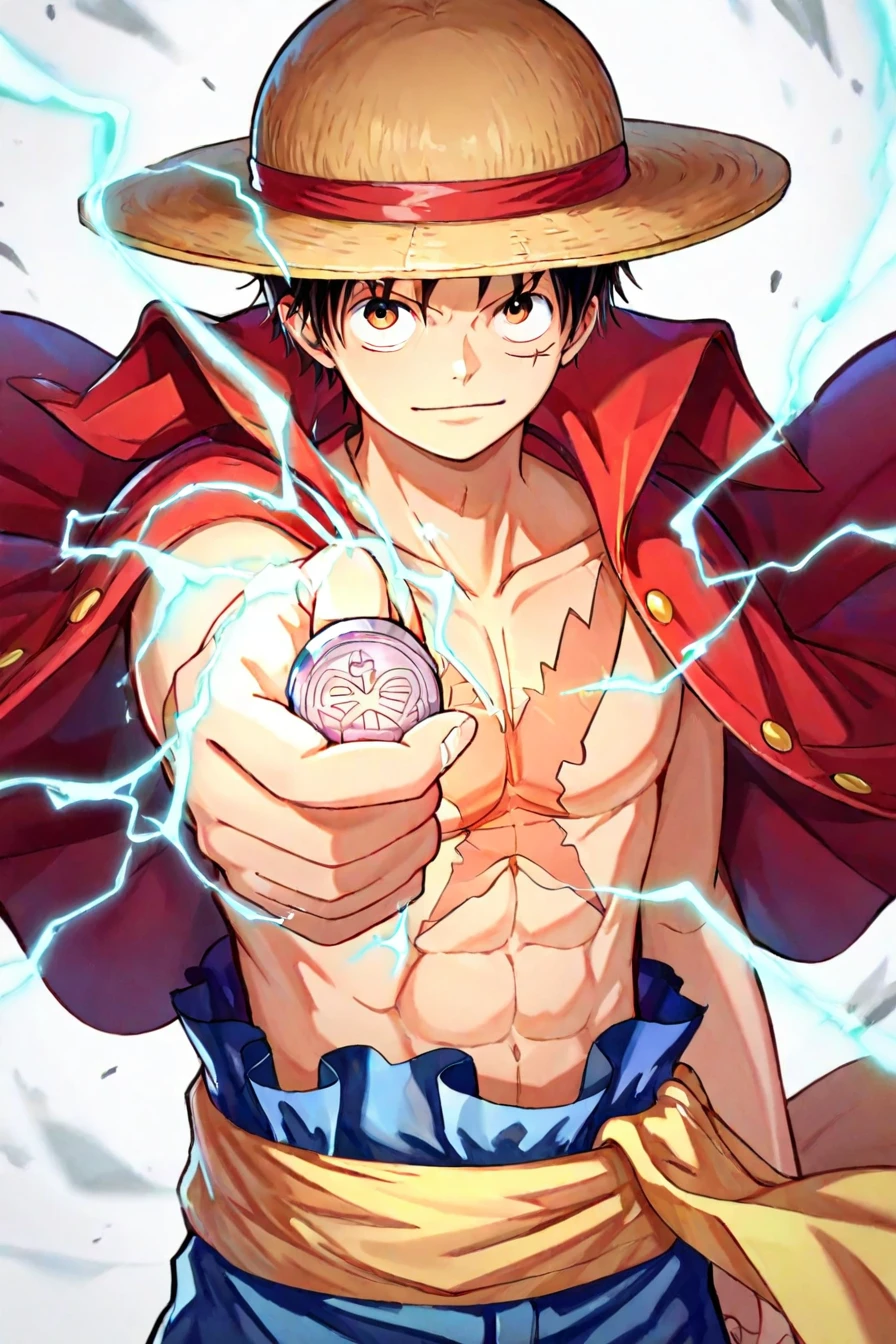 <lora:LUFFY_pony_XL:0.6>, Luffy, red jacket, scar on chest, straw hat, black hair, 1boy, solo, alone, <lora:railgun_technique_illustriousXL-000015:1>, coin, holding coin, facing viewer, looking at the viewer, electricity, electrokinesis, masterpiece, highres, white background, simple background