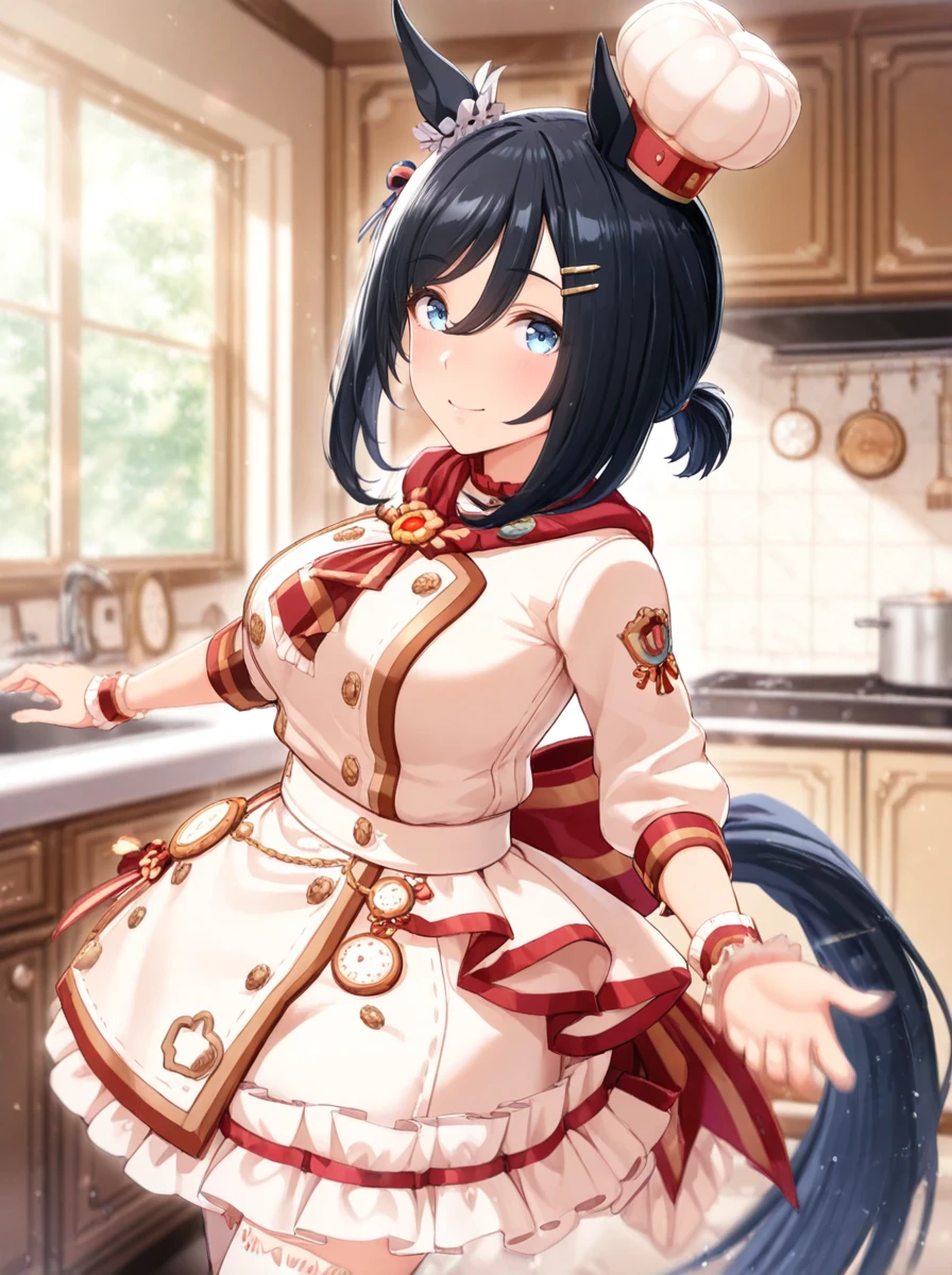 masterpiece, best quality, absurdres,ultra detailed hair,
eishin_flash \(umamusume\), 1girl, chef hat, full body, cream beige thighhighs, looking at viewer, horse tail, hairclip, standing, closed mouth, red neckerchief, wrist cuffs, smile, long sleeves, tilted headwear, collect chocolatier, short low ponytail, light brown ankle boots, waist pocket watch, cream beige chef coat dress, red scarf, two-tone neck ribbon, low back red ribbon, horse ear, single ear ornament,hair back red ribbon
open mouth, big smile,
cowboy shot,
light rays,lens flare,light particles,outdoors,motion blur, blur,indoors, kitchen,
<lora:ILL_eishin_flash_ver1.0:0.85>