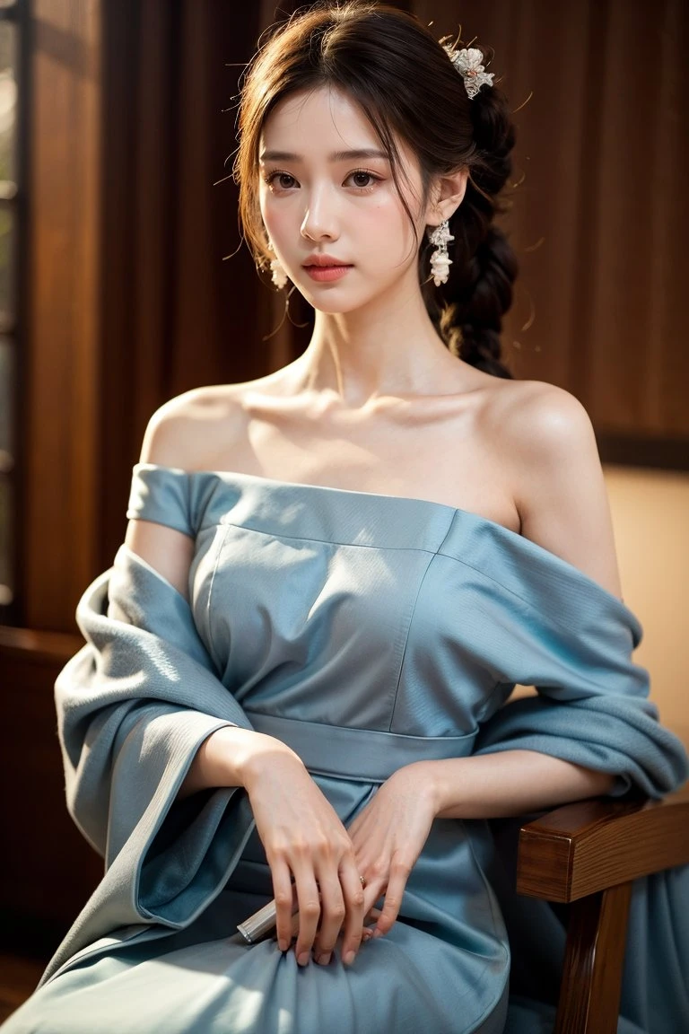 photorealistic, ultra realistic, masterpiece, best quality, HDR,UHD,8K,woman, purple dress, traditional attire, hanfu, intricate patterns, floral design, off-shoulder dress, long dress, blue and purple colors, hair ornaments, floral hair accessories, braided hairstyle, hairpins, dangling earrings, seated pose, delicate jewelry, chin-length earrings, indoor setting, lattice background, artistic photography, fashion, elegant, cultural clothing, historical reference, decorative details, feminine, delicate, graceful, subtle hand gesture, evening wear,<lora:Add More Details - Detail Enhancer _ Tweaker:0.5>, <lora:本地炼丹修手2:0.4> <lora:hans-修脚3:0.4>