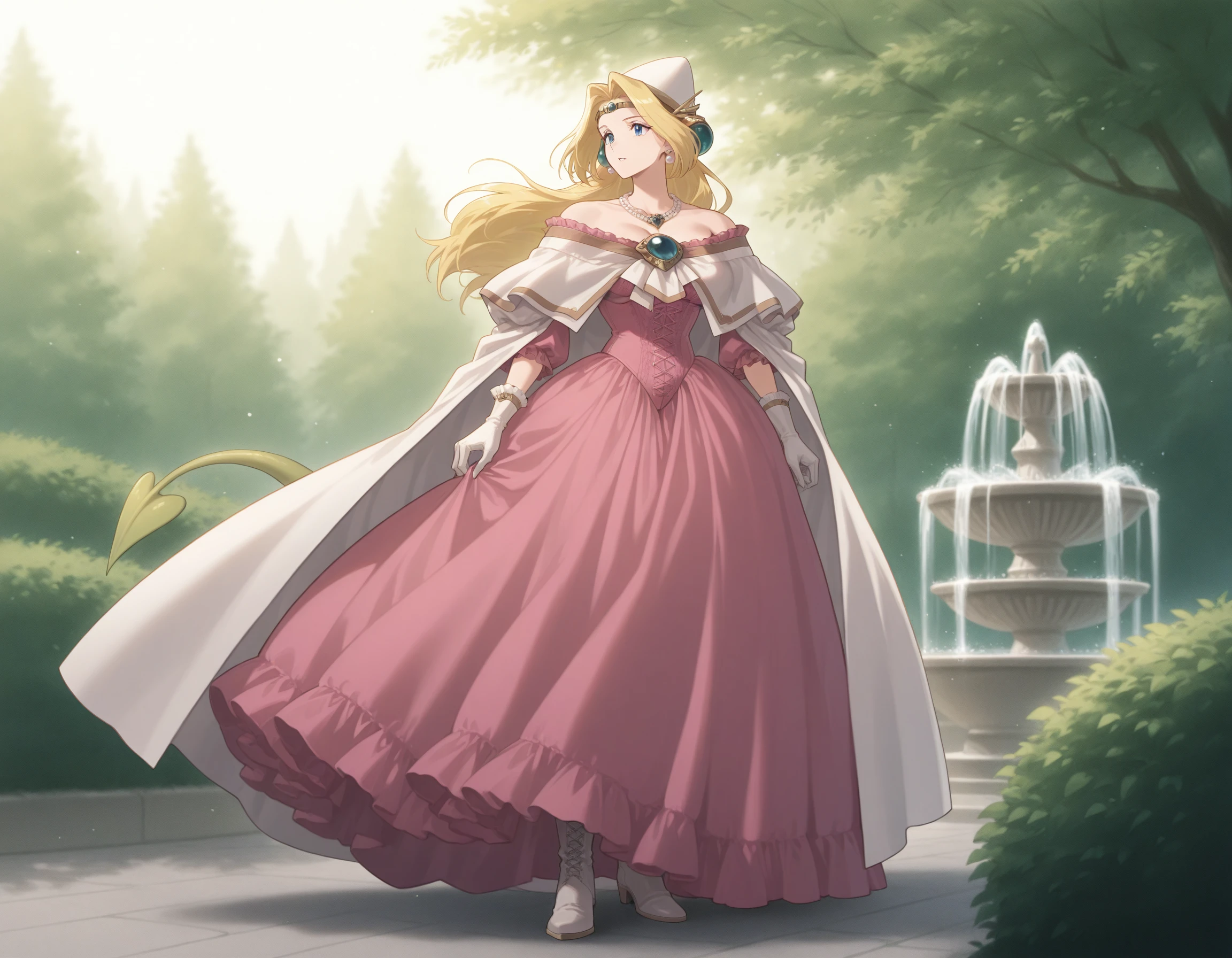 cinematic film still 1girl, outdoors, garden, fountain, fine fabric emphasis, pink ballgown, pink corset, lace, frills, sparkling, gem, pearls, curls, puffy sleeves, off-shoulder, baroque fashion, pearl necklace, pearl earrings, elegant, complicated, ornate,, tail <lora:MITIMChristine-ILXL2025-01-26_20-17-26-save-294-42-0:0.85> <lora:Char_slayers-Filia-ILXL:0.9> FiliaUC, long hair, capelet, cone hat, hair ornament, circlet, white cloak, brooch, pink dress, gloves, boots masterpiece, best quality, very aesthetic, newest . shallow depth of field, vignette, highly detailed, high budget, bokeh, cinemascope, moody, epic, gorgeous, film grain, grainy