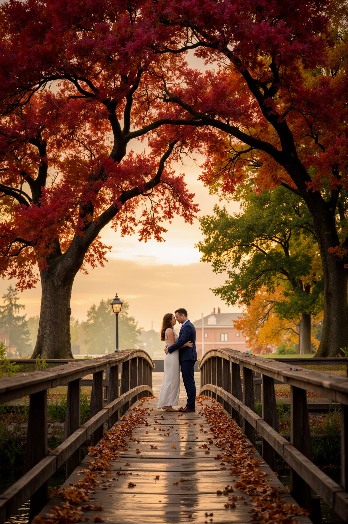 Beneath a canopy of crimson and gold leaves, lovers meet in the middle of an old wooden bridge spanning a quiet river. The crisp air smells of cinnamon and woodsmoke, and as a gust of wind sends a swirl of leaves around them, he pulls her into a warm embrace. Their breath mingles in the chill, glowing faintly under the soft afternoon light, and in that moment, time stands still beneath the autumn sky.
<lora:ethereal-romantic-glow-flux:1>