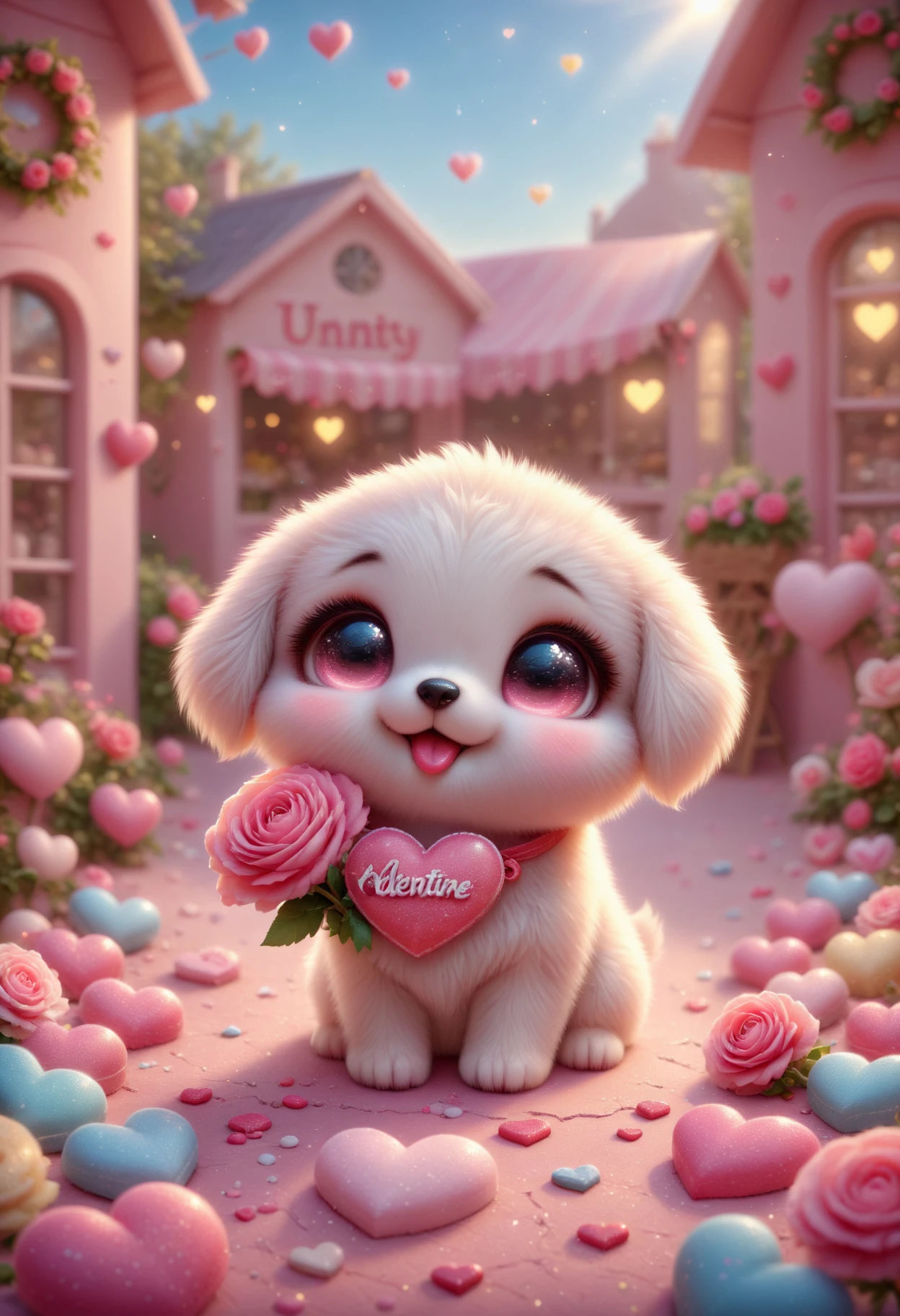A chibi puppy with big sparkling eyes, a rose in its mouth, sitting in front of a candy shop decorated with heart-shaped wreaths and pastel-colored banners fluttering in the breeze. (incredibly absurdres, ultra-detailed, CG, unity, 8k wallpaper), (masterpiece), pinkchibivalentine, <lora:PinkieChibiValentineSDXL:1>,