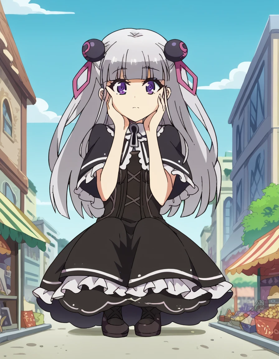 score_9, score_8_up, score_7_up, source_anime, <lora:maria-naruse-s2-ponyxl-lora-nochekaiser:1>, maria naruse, long hair, purple eyes, grey hair, blunt bangs, half updo, hair ornament, mature female, small breasts, anime screencap,, dress, pantyhose, capelet, black dress, black capelet, frilled dress, frilled capelet, frilled skirt, black skirt, frills,, market stall, goods, people, shopping, vendor, , <lora:giantess-ponyxl-lora-nochekaiser:1> giantess, giant, city, building, outdoors, destruction, sitting, squatting, hands on own cheeks,, looking at viewer, solo,, cowboy shot, solo