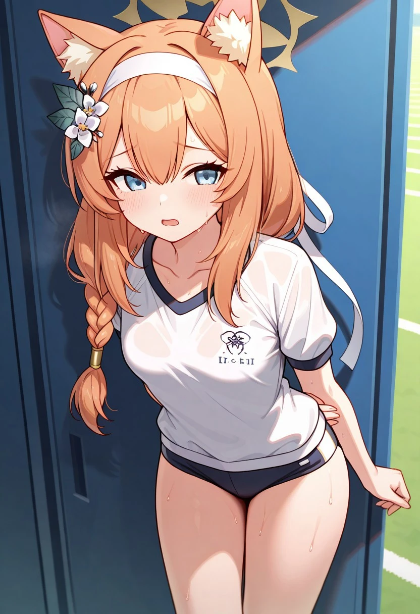 mari_\(blue_archive\), nsfw, masterpiece, 1 girl, erect nipples, intricately detailed, topless, navel, shorts, gym outfit, bare shoulders, track field, erect nipples, puffy nipples, extremely detailed, game, small breasts, nipples, bare stomach, sweaty, moist breath, flat chests, headband, small breasts, collarbone, sweaty, orange hair, sitting, smiling, sweaty, aqua eyes, animal ear