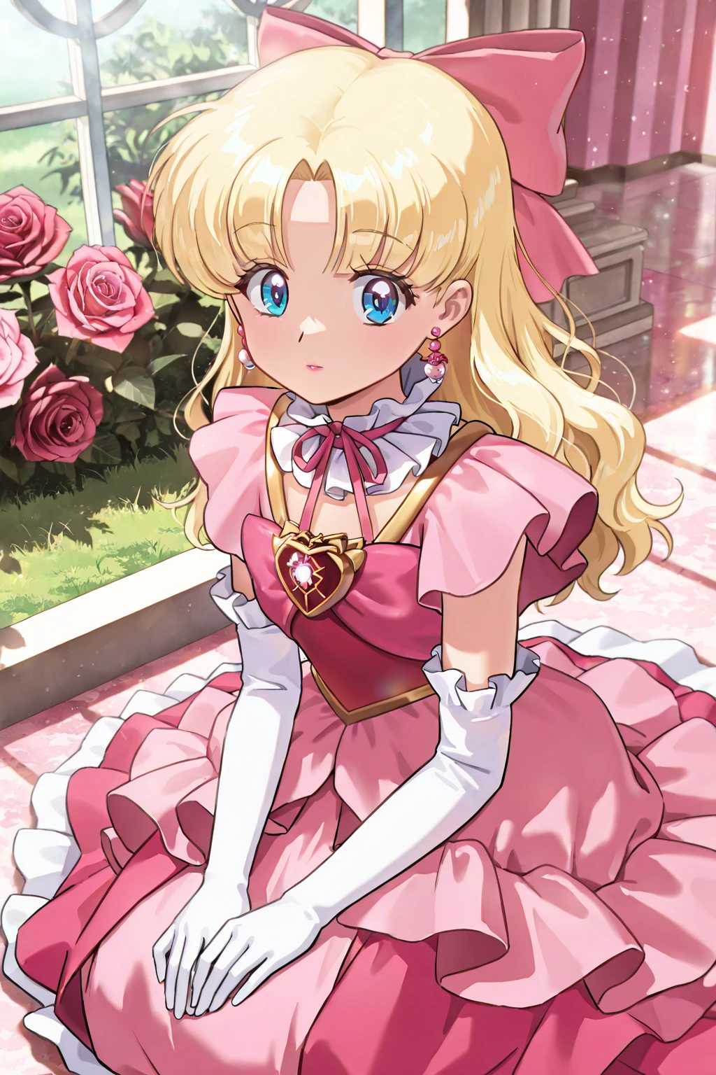 (masterpiece,best quality:1.3), amazing quality, 8k resolution, cinematic, traditional media, retro artstyle, very aesthetic, absurdres, upper body, nature, garden, flower, (sitting, seiza:1.3), on grass, long hair, wavy hair, parted bangs, from above, looking at viewer, lipstick, sunlight, day, beautiful visual, intricate, delicate features, gown, pink dress, frilled collar, ribbon, frilled dress, layered dress, frills, pink bow, long hair, wavy hair, parted bangs, hair bow, white gloves, elbow gloves, jewelry, earrings, pink rose, (bloom), beautiful, rose, red rose, reflected light, digital art, cast shadow, sharp features. extremely detailed, volumetric lighting, soft particles, 16k, BREAK, atmosphere, high resolution, ultra-detailed, newest, scenery, depth of field, volumetric lighting, (blonde hair,blue eyes,nadja:1.4), pink theme