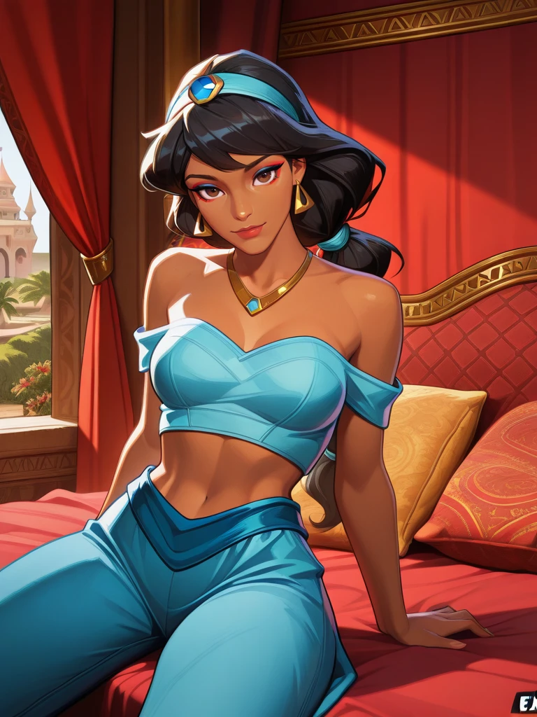 highres, hi res, best quality, masterpiece,,,
1girl, medium breasts, (JasmineXL:1.1), long hair, black hair, multi-tied hair, brown eyes, dark skin, makeup, necklace, earrings, hairband, off-shoulder shirt, blue shirt, midriff, blue pants, arabian clothes,
light smile, dutch angle, naughty pose, looking at viewer, vegetation, indoors, palace, pillows, on bed, sitting, daylight, portrait, dynamic pose, cowboy shot, hads at side, open legs,,
<lora:Jasmine-IL_V2:0.7> <lora:AMarvelRivals_style-06:1> MarvelRivals,,, semi realistic, cartoon,,,
