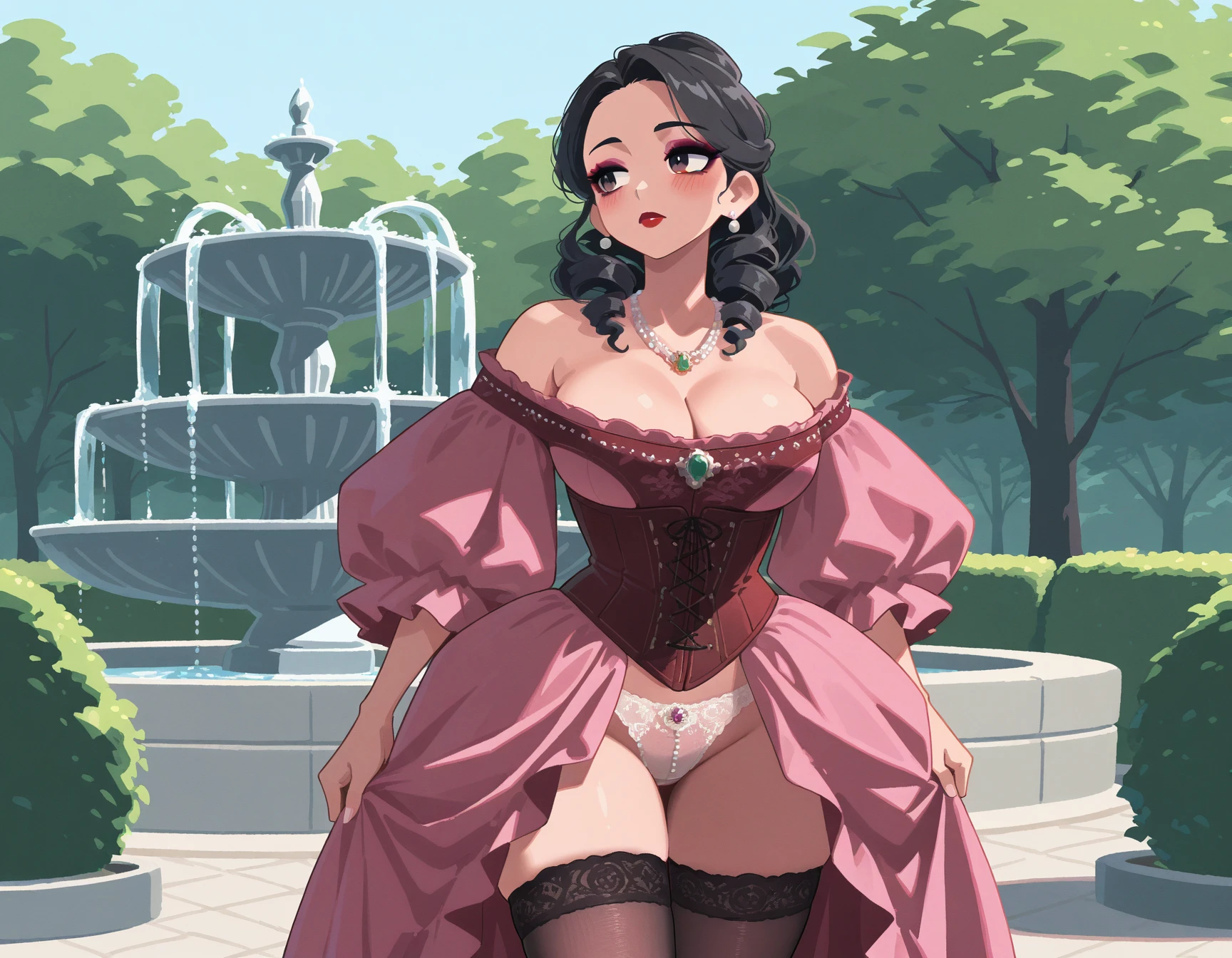 cinematic film still curtsey, holding skirt, blushing, looking away, 1girl, outdoors, garden, fountain, mature female, <lora:MITIMChristine-ILXL2025-01-26_20-17-26-save-294-42-0:0.8> fine fabric emphasis,  pink ballgown, red lips, dark eyeshadow, tapered corset, lace,  frills, sparkling, gem, pearls, curls, puffy sleeves, off-shoulder, baroque pearl necklace, pearl earrings, elegant, complicated, ornate,dramatic eyeliner,    ringlets, panties, thighhighs, pearl panties, <lora:Style_shiiro0-TakaraiShunsukue-ILXL:1> t4kar4i_illu, no_outlines,no lineart, masterpiece, best quality, very aesthetic, newest . shallow depth of field, vignette, highly detailed, high budget, bokeh, cinemascope, moody, epic, gorgeous, film grain, grainy