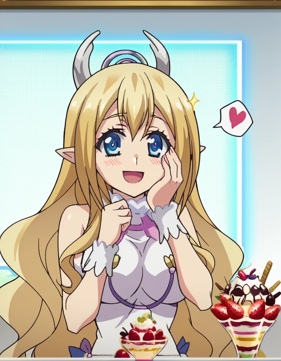 score_9, score_8_up, score_7_up, source_anime, <lora:liala-s2-ponyxl-lora-nochekaiser:1>, liala, long hair, blue eyes, blonde hair, large breasts, very long hair, horns, pointy ears, anime screencap,, <lora:parfait-ponyxl-lora-nochekaiser:1>, parfait, open mouth, heart, food, sparkle, fruit, happy, hand on own face, spoken heart, ice cream, strawberry, spoon, hand on own cheek, cherry, holding spoon,, , cowboy shot, solo