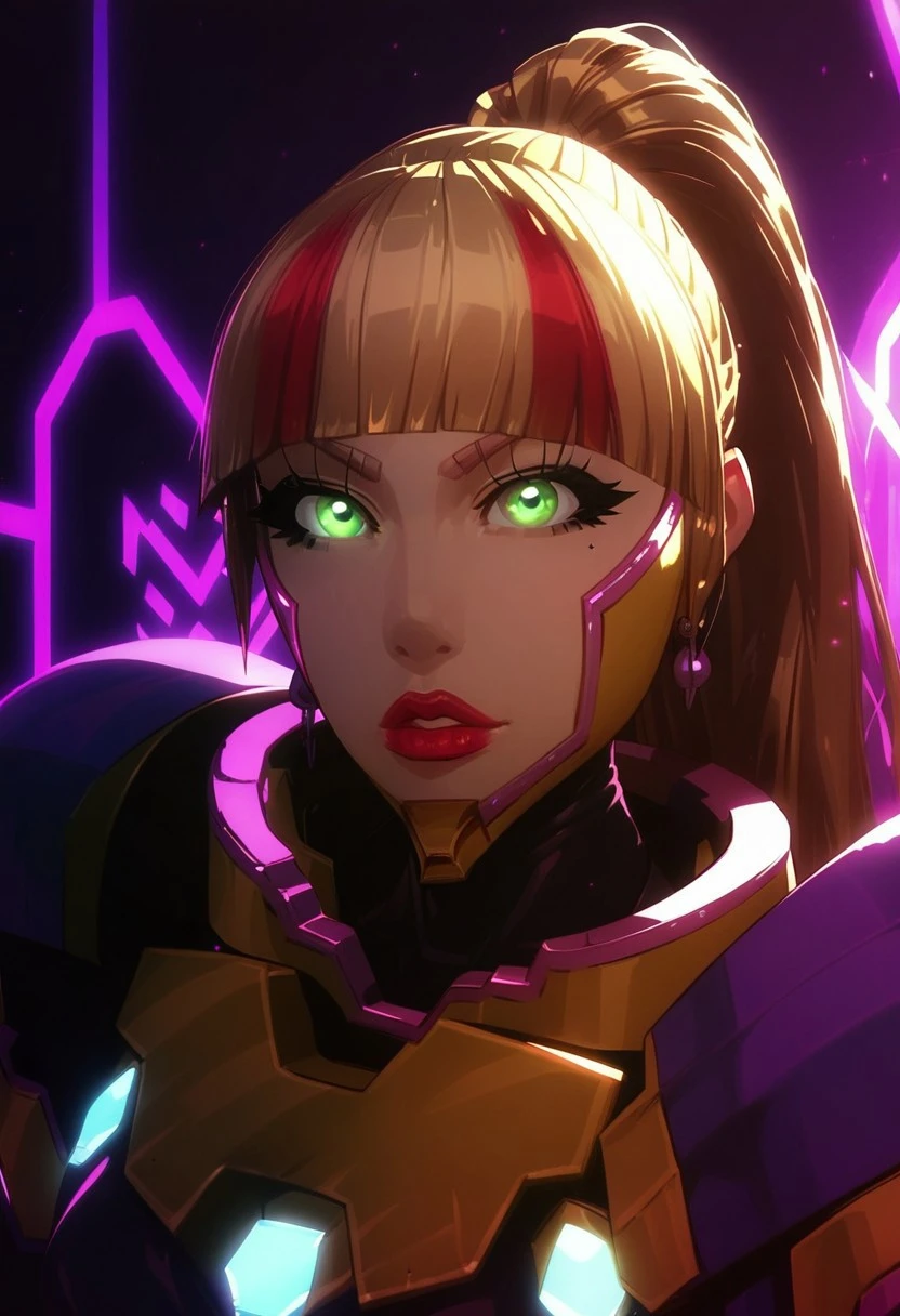 score_9, score_8_up, score_7_up, score_6_up, KK_Anime,
1girl,
solo,
blonde hair,
Long hair,
red streaks,
ponytail,
earrings,
green eyes,
red lips,
mecha bodysuit,
medium breasts,
dynamic pose,a woman, perfect cute face, perfect beautiful face, glowing eyes, dynamic angle, ultraHD, ultrarealistic, nightime, futuristic, Expressiveh