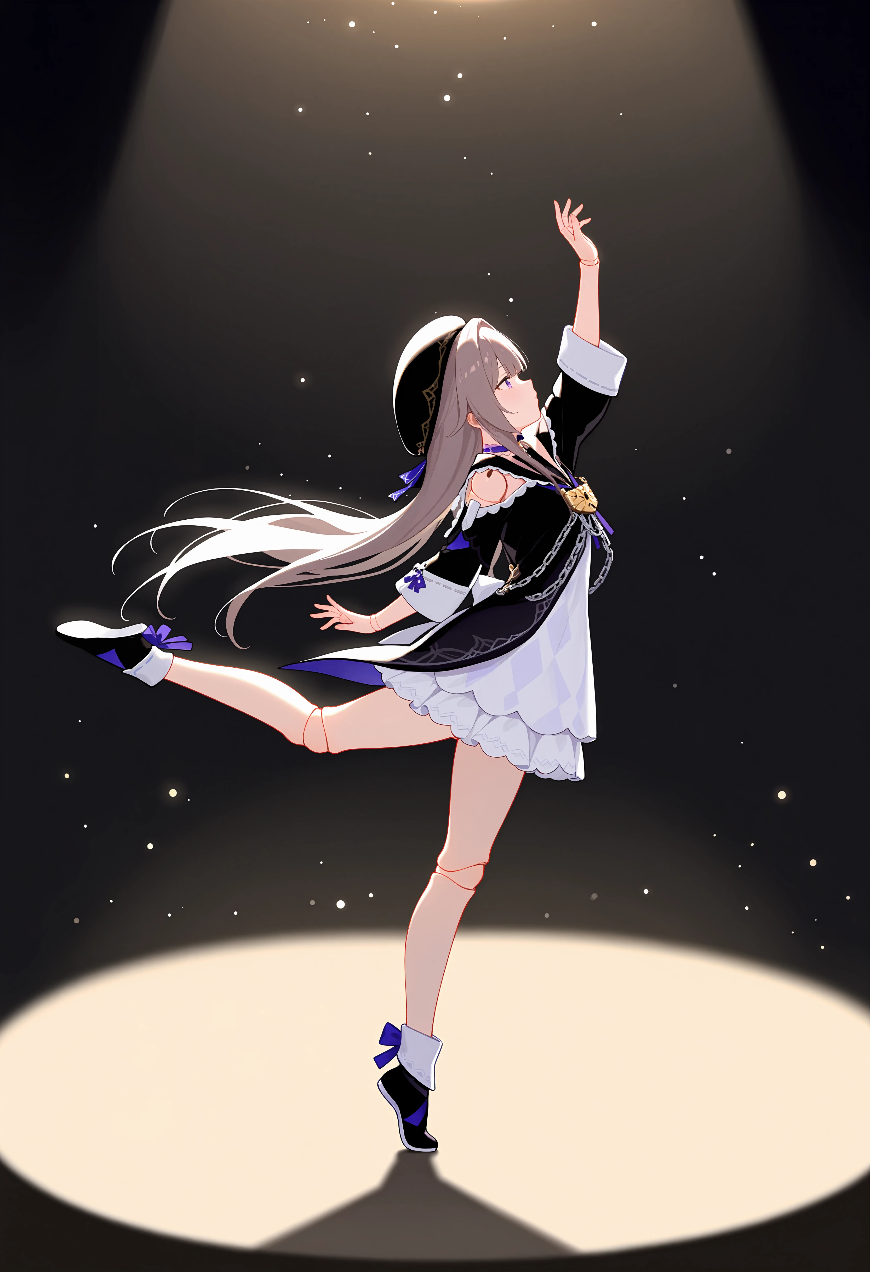 (masterpiece,best quality), 1girl, solo, herta, doll joints, beret, purple choker, black boots, standing on one leg, ballet, arm up, tiptoes, from side, stage, spotlight, backlighting, dark background, <lora:herta-hsrIL-v1r:0.9>
