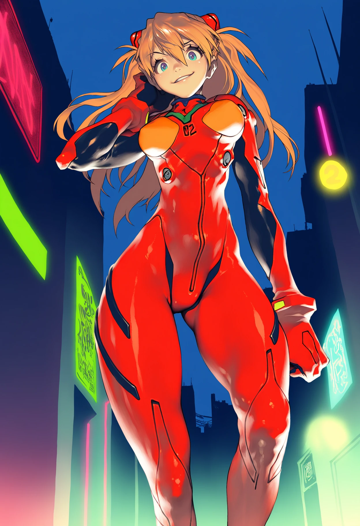 best quality, amazing quality, very aesthetic, absurdres, kim hyung tae,
BREAK
1girl, asuka langley, red plugsuit, standing, smug, looking at viewer, futuristic background, neon light , buildings, night, <lora:KimHyungtaeNoobLocon_byKonan:1>