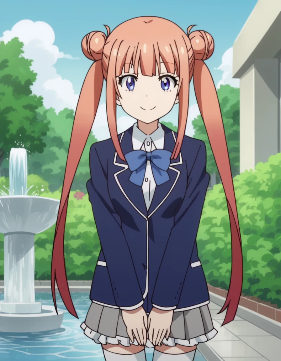 score_9, score_8_up, score_7_up, source_anime, <lora:maria-imari-s1-ponyxl-lora-nochekaiser:1>, maria imari, long hair, twintails, blue eyes, hair bun, orange hair, double bun, medium breasts, anime screencap,, skirt, thighhighs, long sleeves, bow, school uniform, jacket, bowtie, white thighhighs, blue bow, blazer, grey skirt, blue bowtie, frilled skirt, fountain, water, spray, sculpture, garden, smile, hands on own knees, looking at viewer, solo,, cowboy shot, solo
