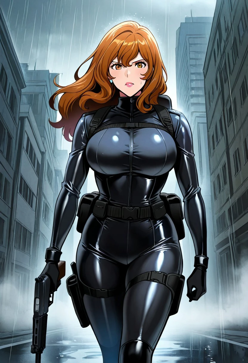 score_9, score_8_up, score_7_up, score_6_up, source_anime, BREAK, 1girl, solo, (( <lora:fujiko_mine:1> , fujiko_mine, thin waist, wide hips, beautiful skin, piercing amber eyes, clear eyes, bright pupils, beautiful eyes, beautiful brown hair, beautiful long hair, huge and shaggy breasts, natural beauty, extraordinary beautiful woman, attractive woman, super sexy woman, lustful body, sexy woman with seductive obscene body, sensual body, voluptuous body, sexy beauty, )) , solo, outside, rain, fog, walking, tactical gear, military, masterpiece, perfect quality, best quality, detailed, newest, very aesthetic, carring AK-47 in her hand, cityscape, postapocaliptic city, nervous, serious,
