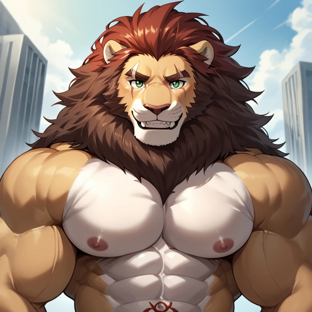 (masterpiece, 4K, ultra detailed), lion furry, orange fur, beige belly fur, red medium length hair, glasses, masculine, simple coloring, outside, naked, cartoony, anime, muscular, eight-pack, small penis, blue anime eyes, shy, age