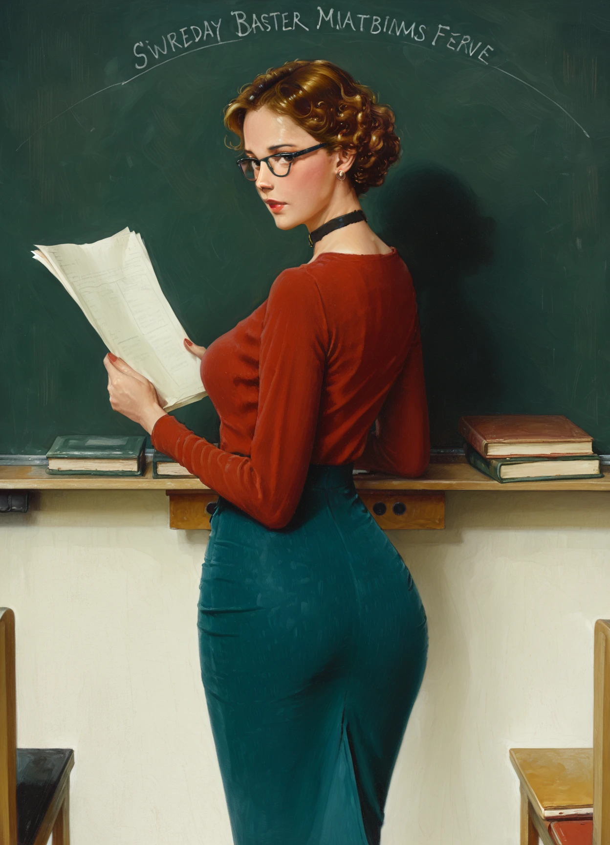 masterpiece, best quality, amazing quality, very aesthetic, absurdres, realistic, photorealistic, norman rockwell, 1girl, solo, brown hair, looking back, curly hair, breasts, makeup, glasses, skirt, shirt, choker, earrings, long sleeves, black-framed eyewear, looking at viewer, holding paper, from behind, green skirt, chalkboard, book, red lips, red nails, red shirt, indoors, jewelry, lipstick, red sweater