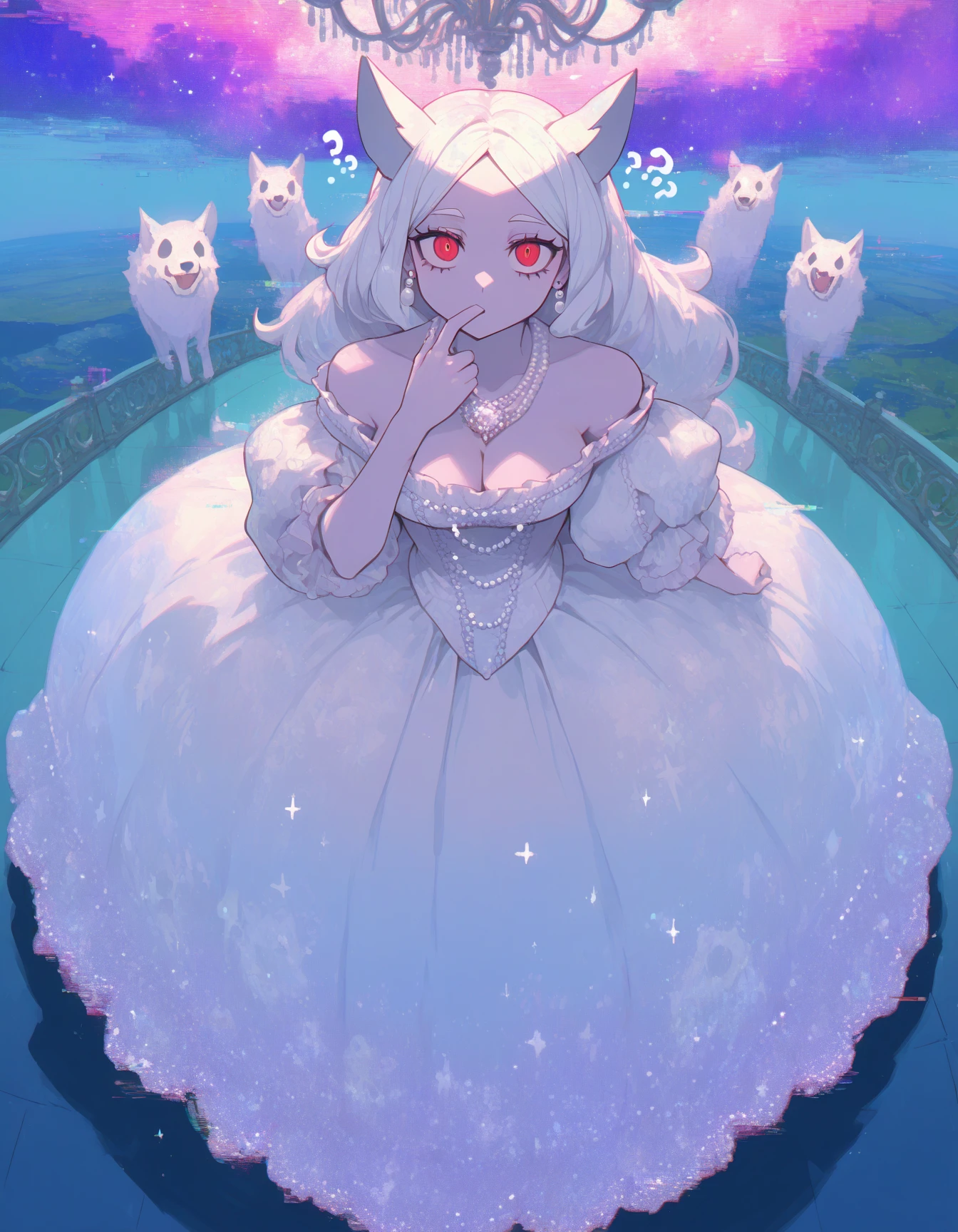 1girl,solo standing, cerberus \(helltaker\), from above, finger on mouth, ??, morning, curious, <lora:Style_shiiro0-0__11Xx-ILXL:0.98> 0__11Xx_illu, surreal, glitch theme, ballroom, chandelier <lora:MITIMChristine-ILXL2025-01-26_20-17-26-save-294-42-0:0.95> white ballgown, tapered corset, lace, (full body), frills, sparkling, gem, pearls, curls, puffy sleeves, off-shoulder, baroque pearl necklace, pearl earrings, elegant, complicated, ornate, distance, landscape, floating nebula print masterpiece, best quality, very aesthetic, newest