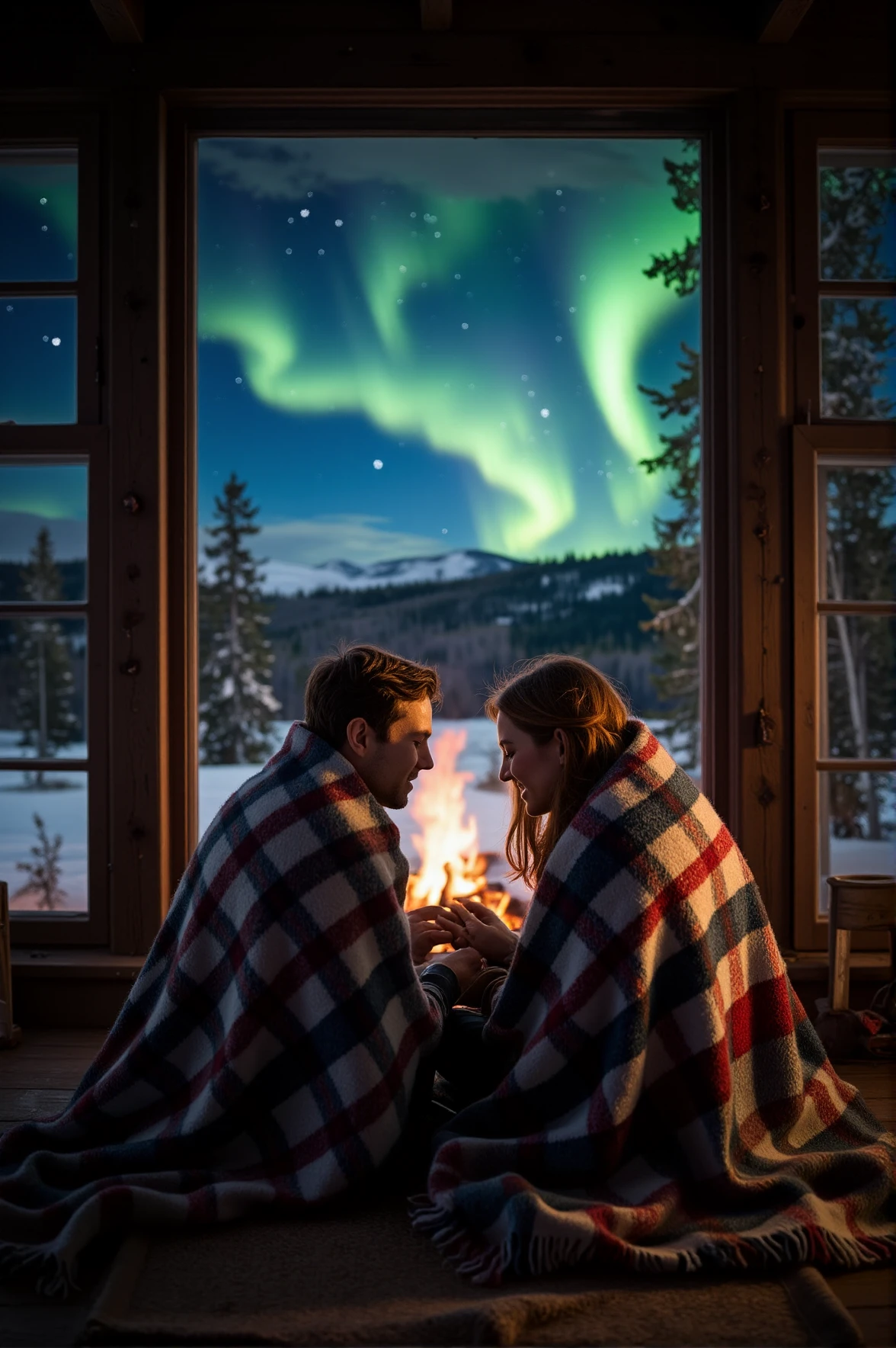 Wrapped in thick wool blankets, a couple sits before a crackling fireplace in a remote mountain cabin. Through the frosted window, the northern lights dance across the sky, their vibrant hues reflecting on the untouched snow outside. In the cozy warmth, they exchange whispered dreams, their love glowing as brightly as the embers in the hearth.
<lora:ethereal-romantic-glow-flux:1>
