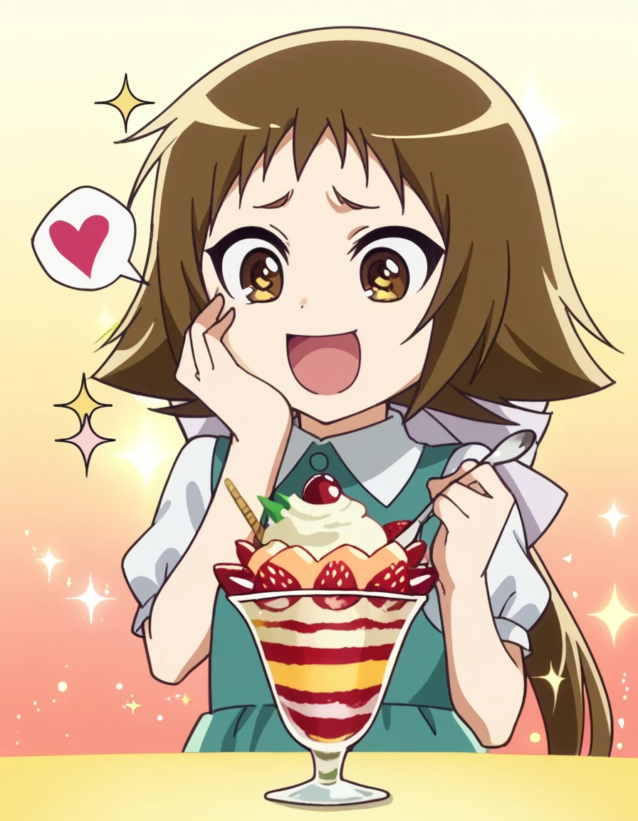score_9, score_8_up, score_7_up, source_anime, <lora:mashiro-mitsumine-s1-ponyxl-lora-nochekaiser:1>, mashiro mitsumine, long hair, brown hair, bow, brown eyes, ponytail, hair bow, anime screencap,, <lora:parfait-ponyxl-lora-nochekaiser:1>, parfait, open mouth, heart, food, sparkle, fruit, happy, hand on own face, spoken heart, ice cream, strawberry, spoon, hand on own cheek, cherry, holding spoon,, , cowboy shot, solo