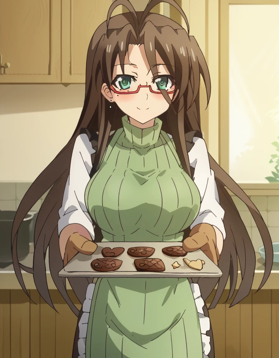 score_9, score_8_up, score_7_up, source_anime, <lora:chisato-hasegawa-s2-ponyxl-lora-nochekaiser:1>, chisato hasegawa, long hair, large breasts, brown hair, green eyes, glasses, mole, antenna hair, semi-rimless eyewear, red-framed eyewear, under-rim eyewear, mole under eye, anime screencap,, <lora:baking-cookies-ponyxl-lora-nochekaiser:1>, baking cookies, looking at viewer, blush, smile, gloves, holding, frills, food, indoors, apron, chocolate, cookie, oven mitts,, , cowboy shot, solo