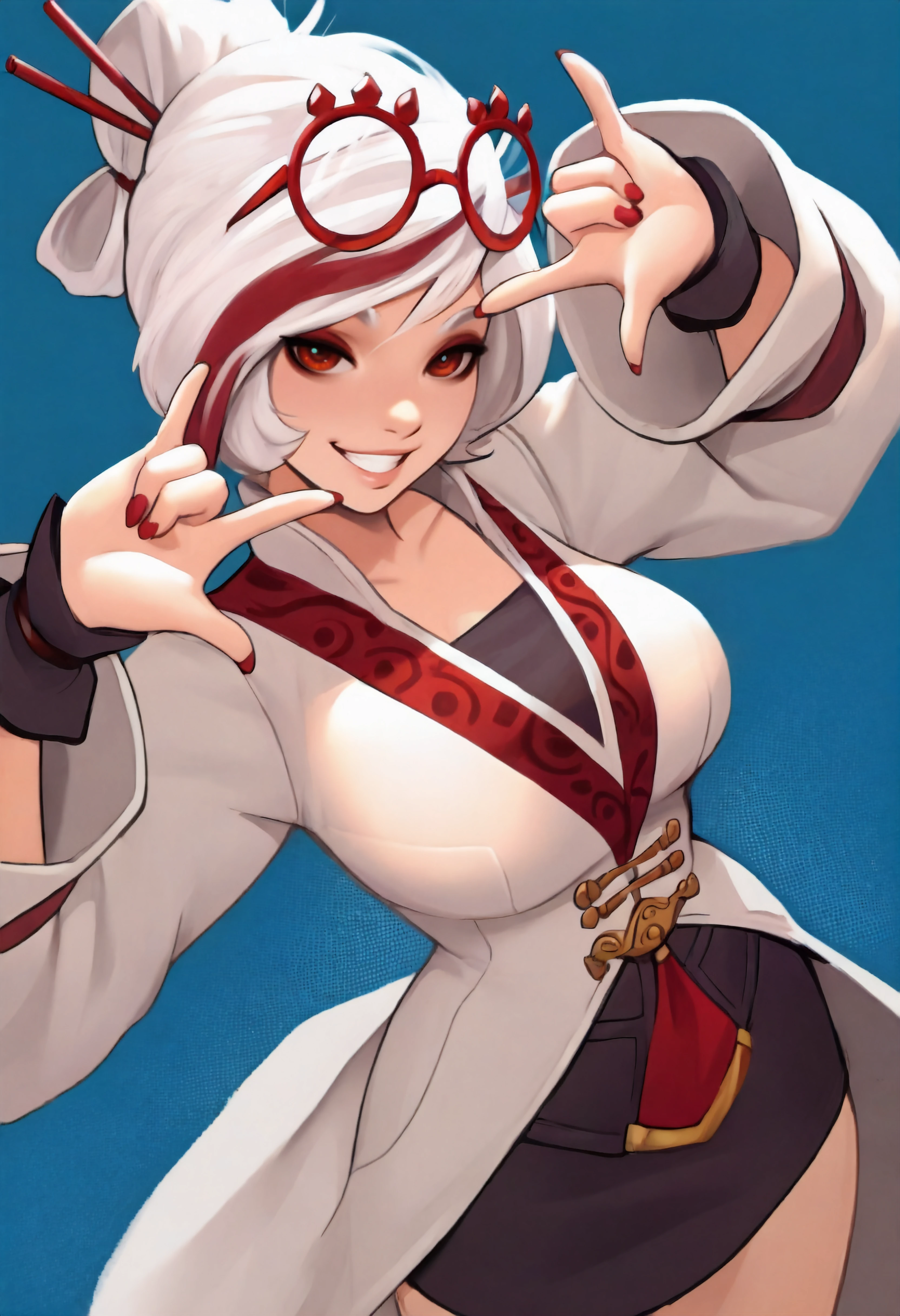 masterpiece, best quality, absurdres, blue background,1girl, prhacn11, red-framed glasses, eyewear on head, red eyes, white hair, streaked hair, white coat, black shirt, black skirt, red trim, black cuffs, hair sticks,grin,\\m/,looking at viewer,red nails <lora:hmeh_n11:1> <lora:prhac_n11:0.8>
