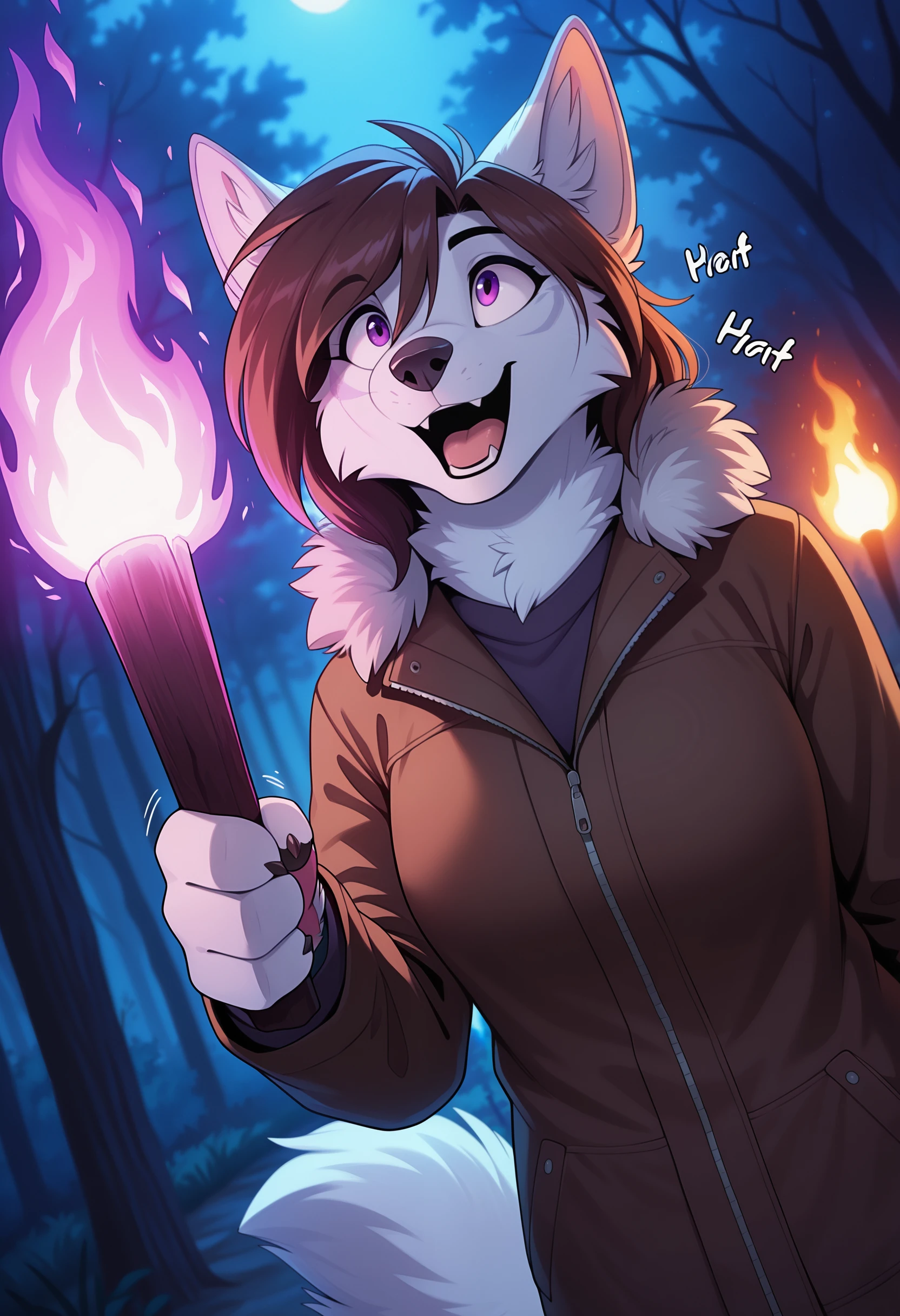 depth of field, blurry background, eye reflections, reflections, dutch angle, anthro, adult, furry, no humans, tail, sound effect, close up, sound effect, motion lines, by ango76, <lora:Ango76_Artist_Style_Illustrious:1.0>, masterpiece, best quality, amazing quality, very aesthetic, absurdres, newest, anthro, mammal, clothing, 1girl, furry, solo, animal ears, furry female, topwear, fur, hair, canid, tail, fire, purple eyes, kemono, fingers, canine, felid, clothed, brown hair, open mouth, weapon, female, tuft, 4 fingers, holding, hi res, outside, holding object, outdoors, torch, tree, claws, jacket, animal nose, night, white fur, fur trim, brown jacket, forest, coat