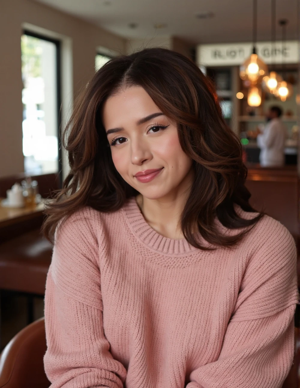 close-up headshot portrait shot on Fujifilm XT-50 of poki woman sitting in a cozy coffee shop wearing a heavy corded powder pink sweater <lora:SkinDetails_flux_lora_v8:.55> <lora:flux_realism_lora:.75> <lora:Hand v2:1> pokimane, the woman has plump lips with shiny lipgloss, the woman has a smile on her face, dark eyeliner, young adult woman in her mid 20's, facing the viewer straight on and making eye contact with the viewer, the woman has smooth skin and no wrinkles on her face, the woman has brunette layered hair <lora:poki:.95> Moroccan woman