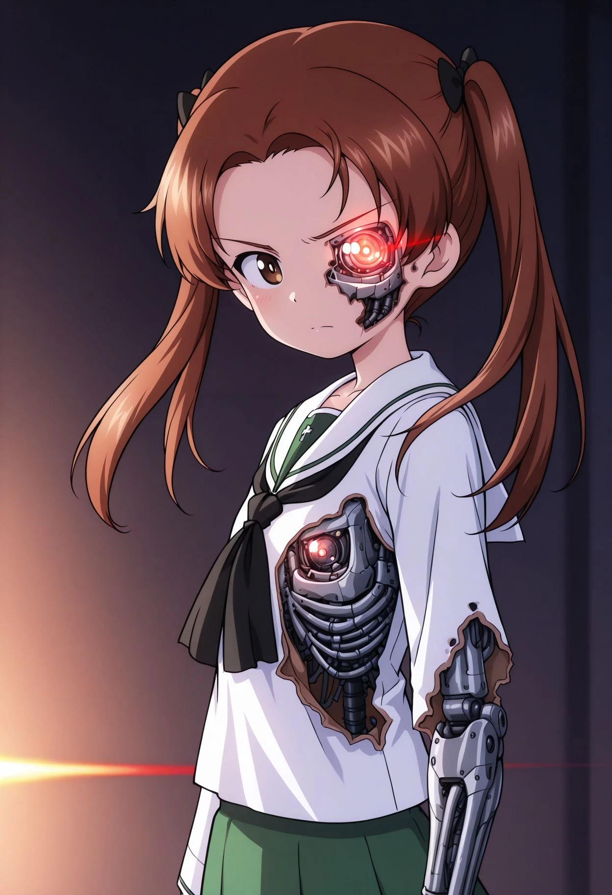 masterpiece,best quality,absurdres,highres,very aesthetic,high quality,detailed,insanely detailed,beautiful,perfect lighting,
<lora:Anzu gup illu:1> 1girl, anzudef, brown hair, brown eyes, twintails, long hair, parted bangs, hair bow, ooarai school uniform,white sailor collar,black neckerchief,white shirt,long sleeves,green skirt,black socks,loafers,
<lora:half_cyborg_face_IL_v1:1.5>, from side, looking at viewer,
half_cyborg_face, mechanical parts, damaged, glowing eye, laser, afterglow, (cyborg arm, cyborg ribs:1.4), holding coffe, upper body