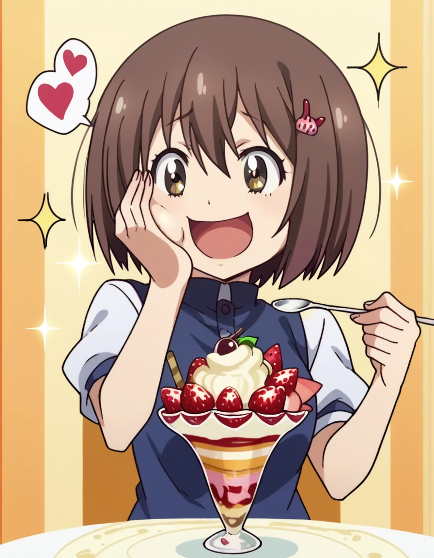 score_9, score_8_up, score_7_up, source_anime, <lora:mizuki-usami-s1-ponyxl-lora-nochekaiser:1>, mizuki usami, short hair, brown hair, hair ornament, hairclip, brown eyes, medium breasts, anime screencap,, <lora:parfait-ponyxl-lora-nochekaiser:1>, parfait, open mouth, heart, food, sparkle, fruit, happy, hand on own face, spoken heart, ice cream, strawberry, spoon, hand on own cheek, cherry, holding spoon,, , cowboy shot, solo