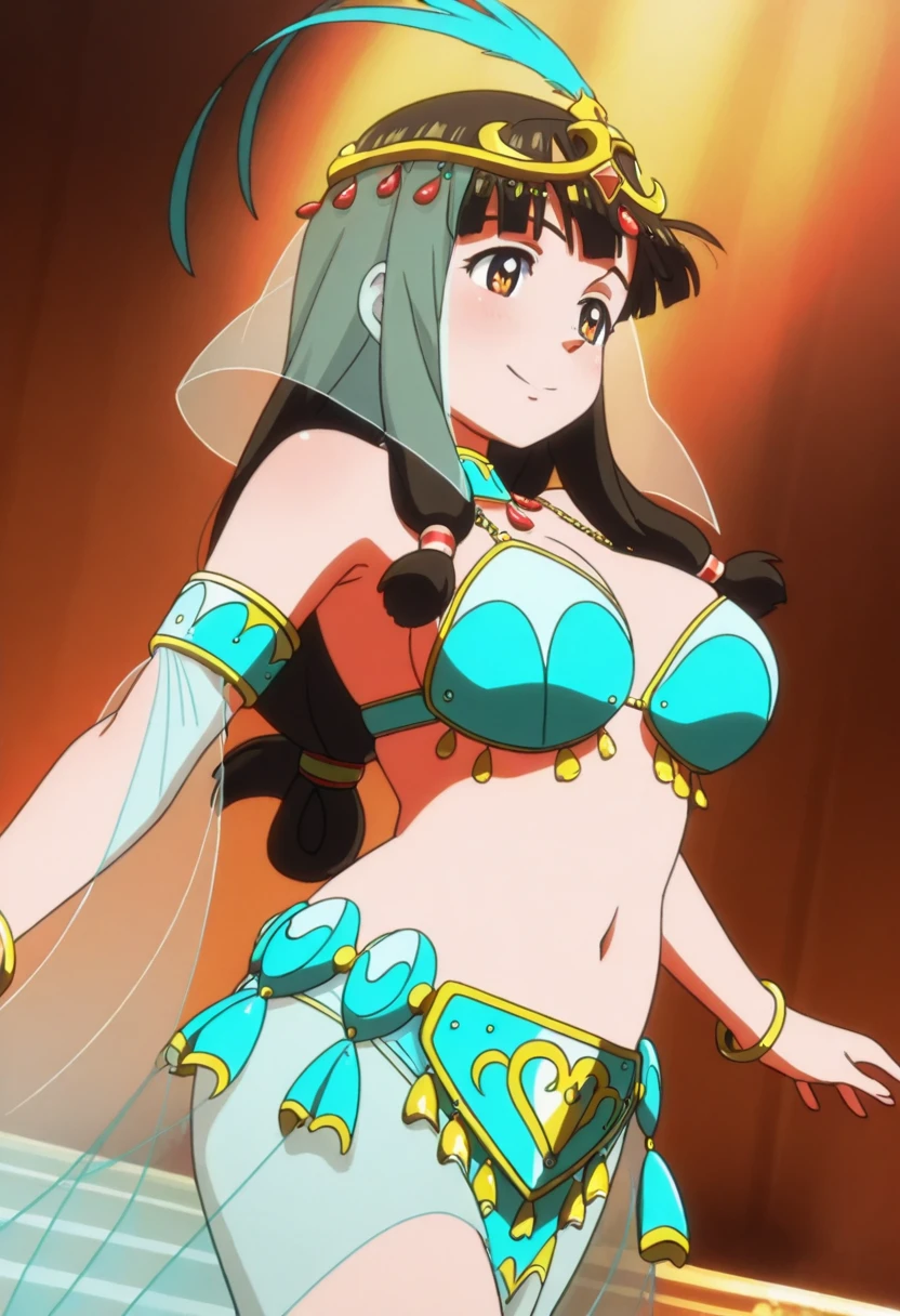 woman, anime, belly dance clothes, long black hair, tan skin, dark eyes