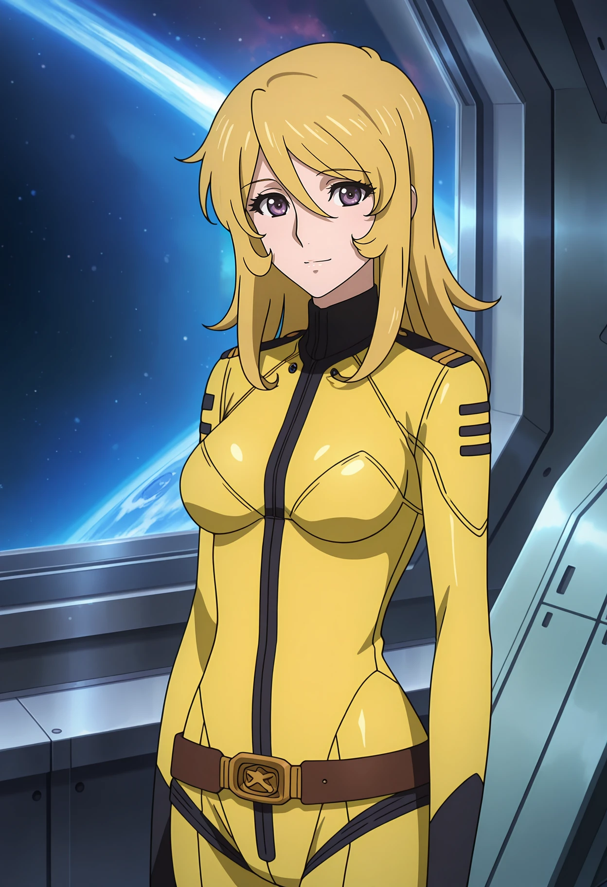 anime screencap, masterpiece, best quality,
<lora:SpaceBattleshipYamato2199_MoriYuki_IlluXL:0.9>,
1girl, solo, closed mouth, light smile,
long hair, blonde hair, hair between eyes, purple eyes,
YukiBodysuit, military uniform, yellow bodysuit, brown belt,
looking at viewer, cowboy shot, arms at sides,
indoors, science fiction, window, space, spacecraft