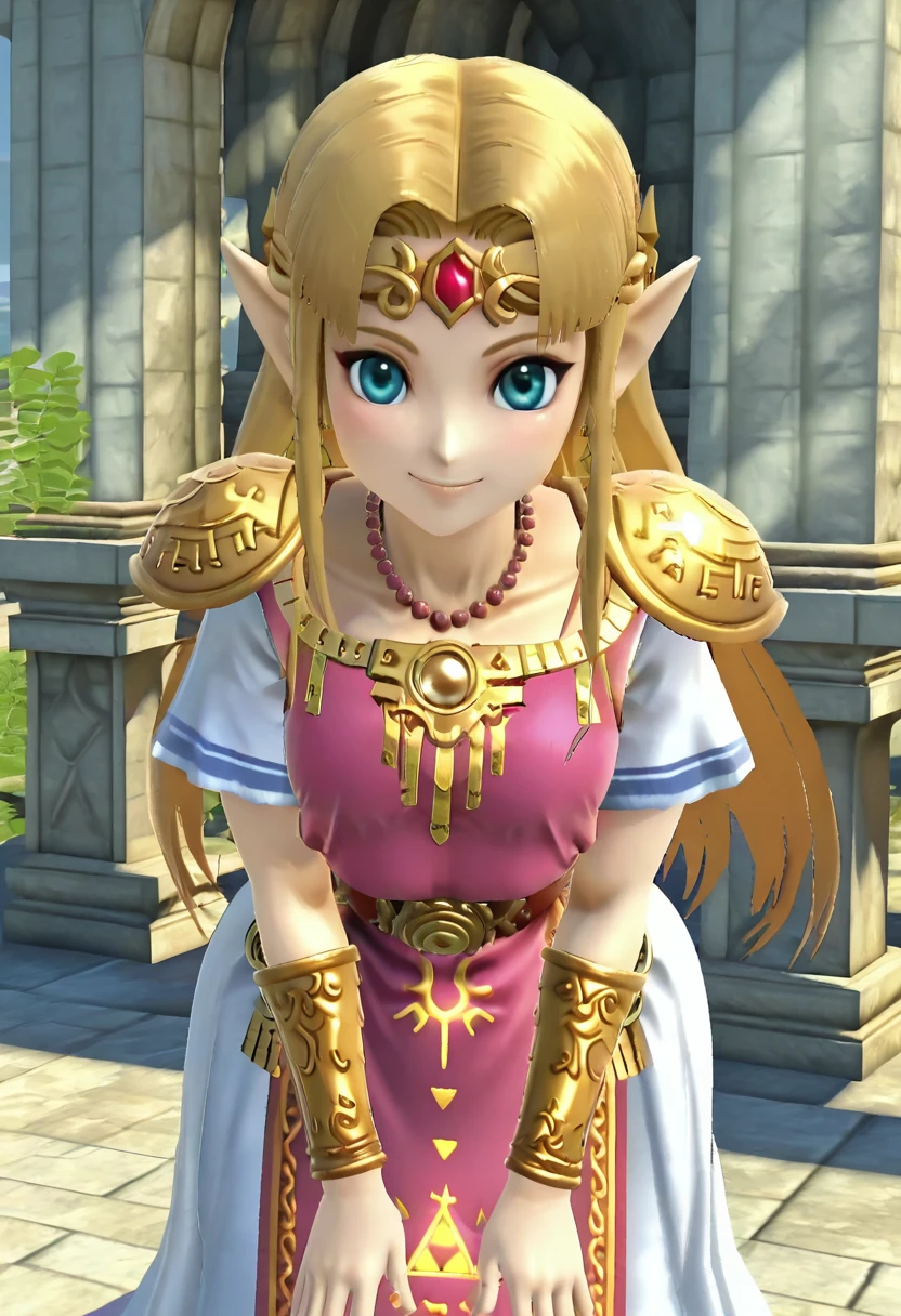 masterpiece, best quality, solo, curvy, beautiful eyes,  3d,  zzZelda, blonde hair, jewelry, dress, pink tabard, triforce, circlet, armor, earrings, necklace, shoulder armor, tiara,   ,<lora:ZeldaUltimate_InGame_IXL:1.0>,, cowboy shot, leaning forward, smile, looking at viewer, shiny skin,<lora:HaradaTakehitoIXL_v3:0.3>, <lora:ZankuroIXLLight_v2:0.3>,