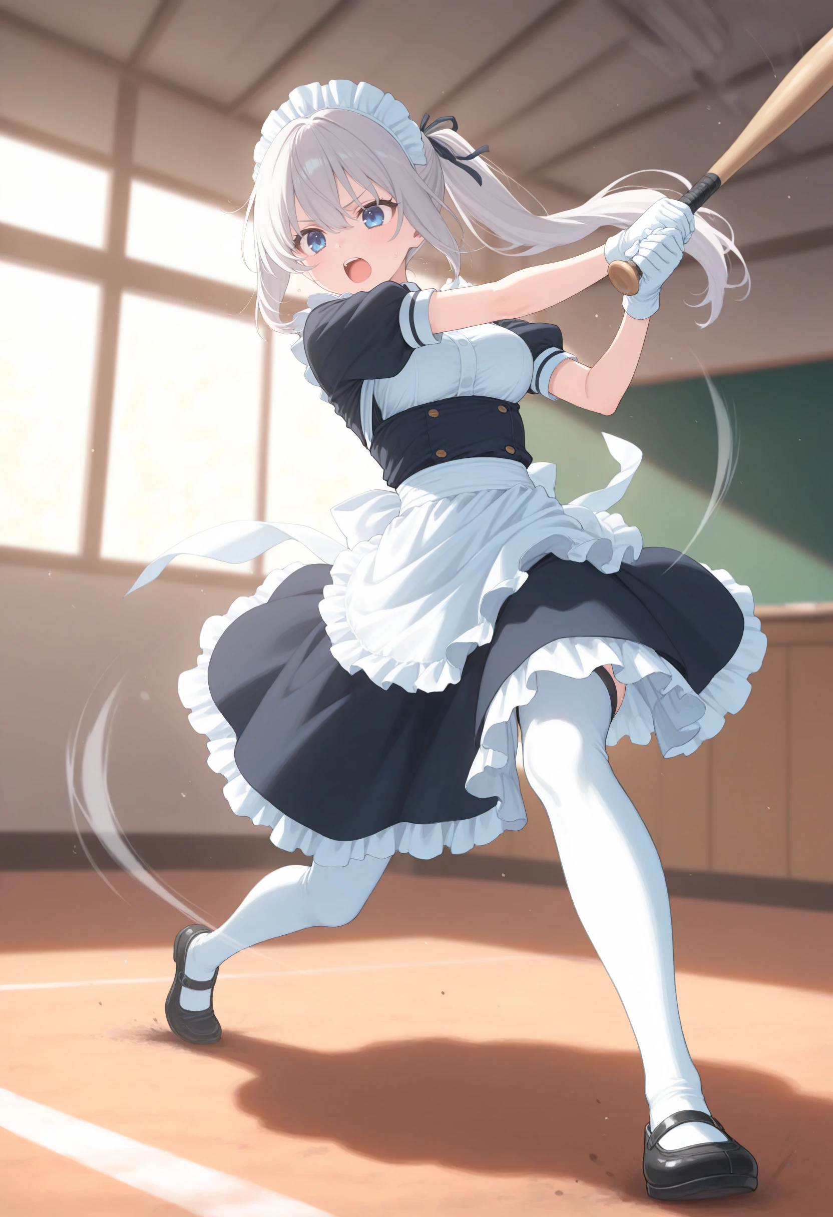 1girl,(sho \(sho lwlw\):0.7),(toosaka asagi:0.5),(sincos:0.3),solo,
masterpiece, best quality, newest, absurdres, CG, anime, source anime, illustration,
maid, maid headdress,medium breasts,
batting stance, baseball bat, baseball, holding baseball bat, motion lines, motion blur, <lora:battingstance_Illust_v2:0.8>, determined,
ceiling, full body, looking to the side, silver hair, blue eyes,open mouth, split ponytail hair,,